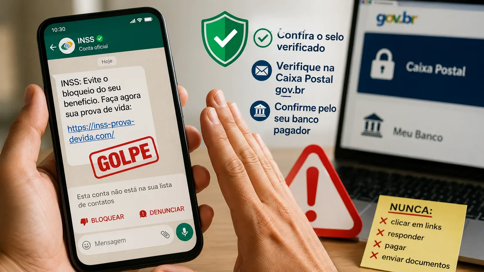 Celular com alerta de golpe em mensagem sobre prova de vida, mão em gesto de pare e notebook ao fundo com referência à Caixa Postal gov.br.