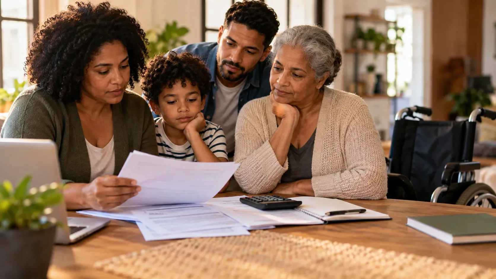 Família multigeracional reunida à mesa com papéis, calculadora e computador, enquanto analisa as finanças domésticas; uma cadeira de rodas aparece ao lado.