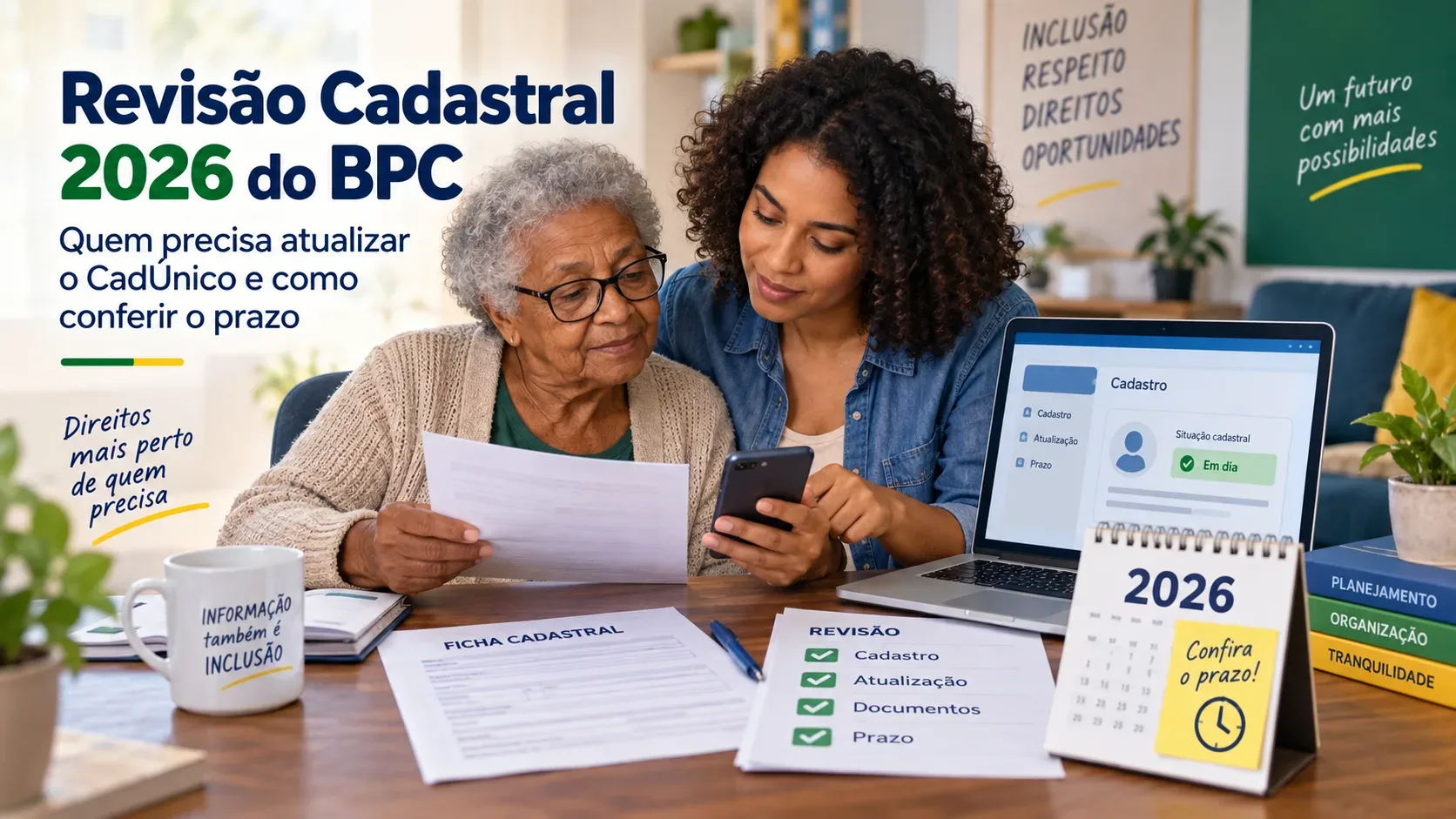 Pessoa idosa e familiar conferem documentos e um celular ao lado de notebook com situação cadastral e calendário de 2026.