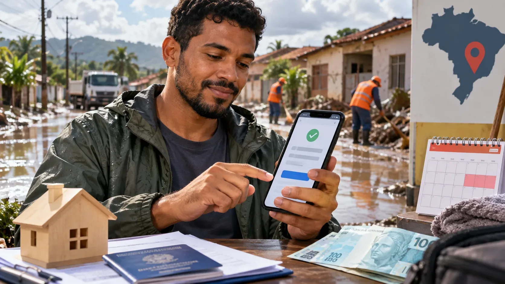 Homem usa smartphone em bairro em limpeza após enchente, com documentos, cédulas, calendário e mapa do Brasil ao redor.
