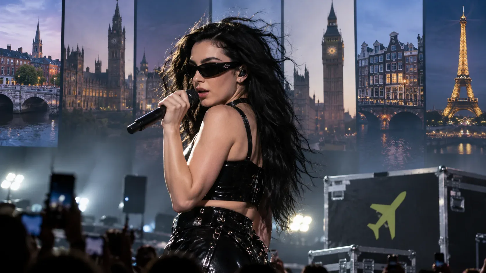 Charli xcx em um palco de show com microfone, público ao fundo e painéis com referências visuais a Londres, Amsterdã e Paris.