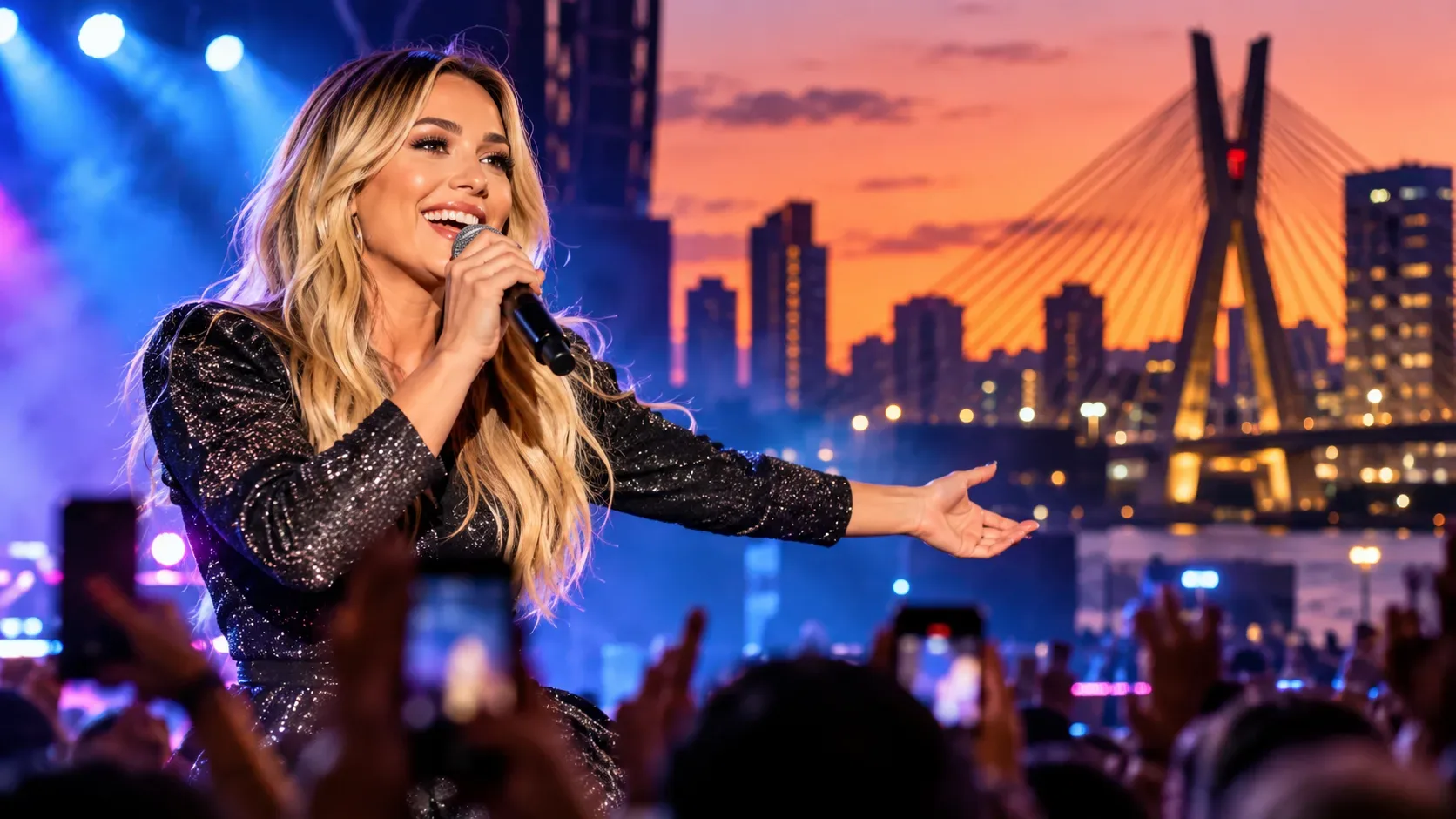 Cantora loira em palco diante de um grande público, com microfone e horizonte urbano de São Paulo ao entardecer.
