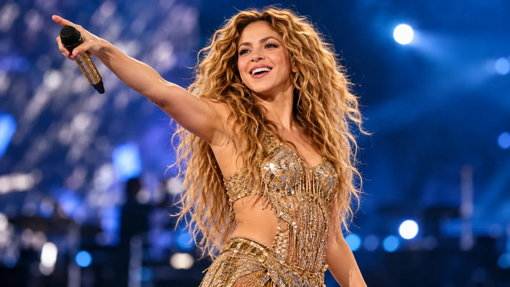 Shakira sorrindo no palco e apontando um microfone para o público, com figurino dourado e luzes azuis de show ao fundo.
