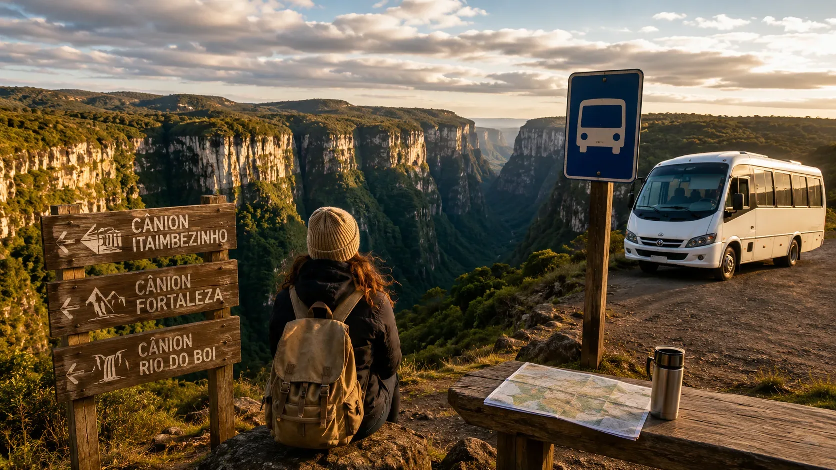 Viajante com mochila observa um grande cânion ao lado de placas para Itaimbezinho, Fortaleza e Rio do Boi, ponto de ônibus e micro-ônibus.