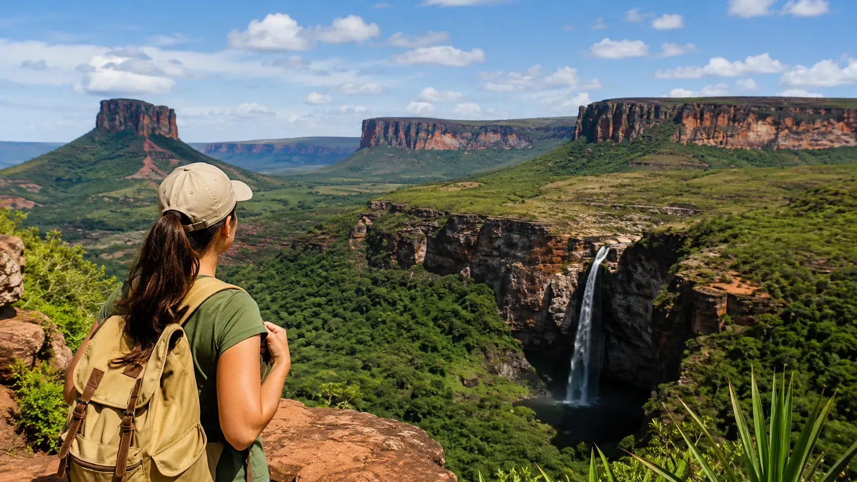 Viajante com mochila observa cânion verde, paredões de arenito e cachoeira na paisagem da Chapada das Mesas.