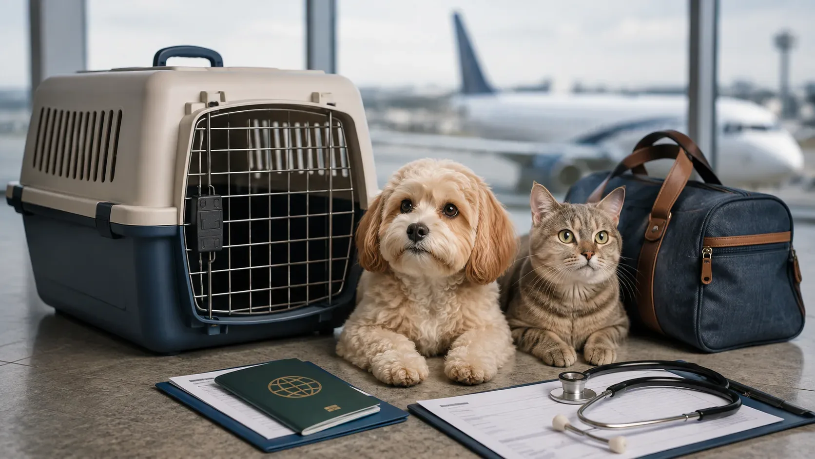 Cão e gato ao lado de caixa de transporte, passaporte e documentos de viagem internacional