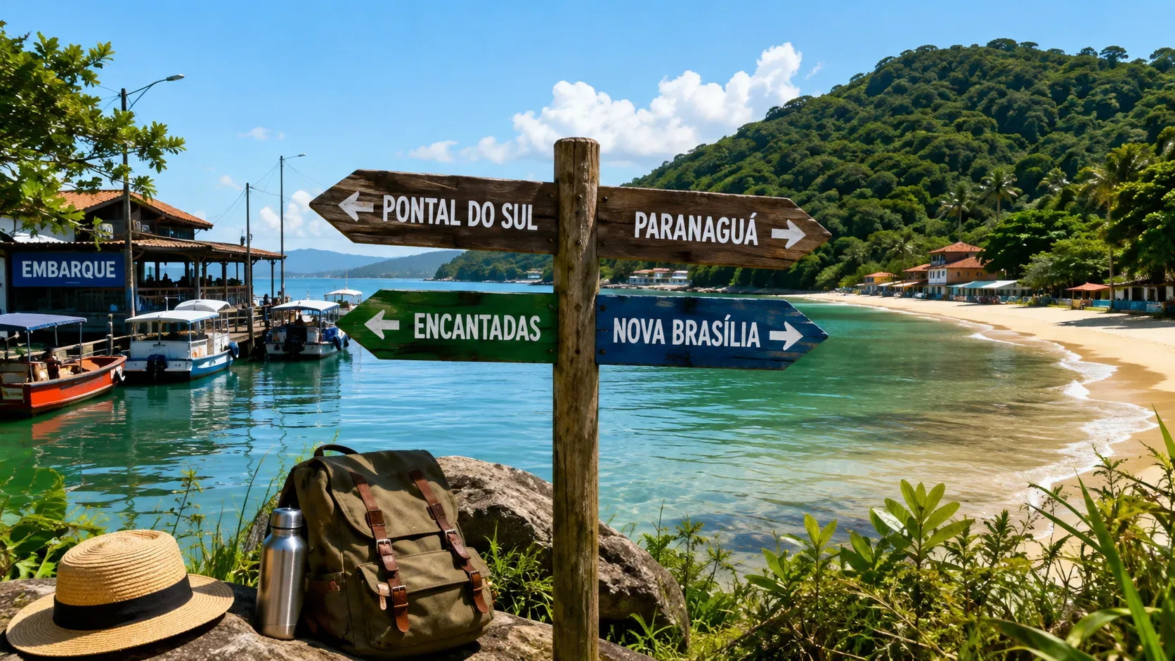 Cais tropical com barcos e placa de madeira indicando Pontal do Sul, Paranaguá, Encantadas e Nova Brasília diante de praia, mar calmo e morros verdes.