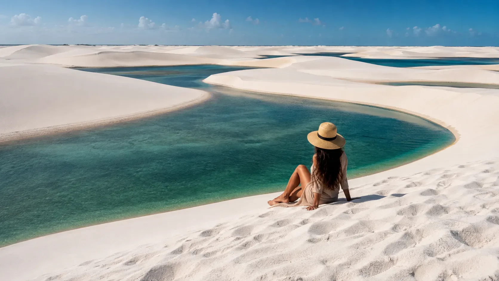 Dunas brancas e lagoas dos Lençóis Maranhenses em paisagem ampla representando o roteiro entre Barreirinhas, Santo Amaro e Atins.