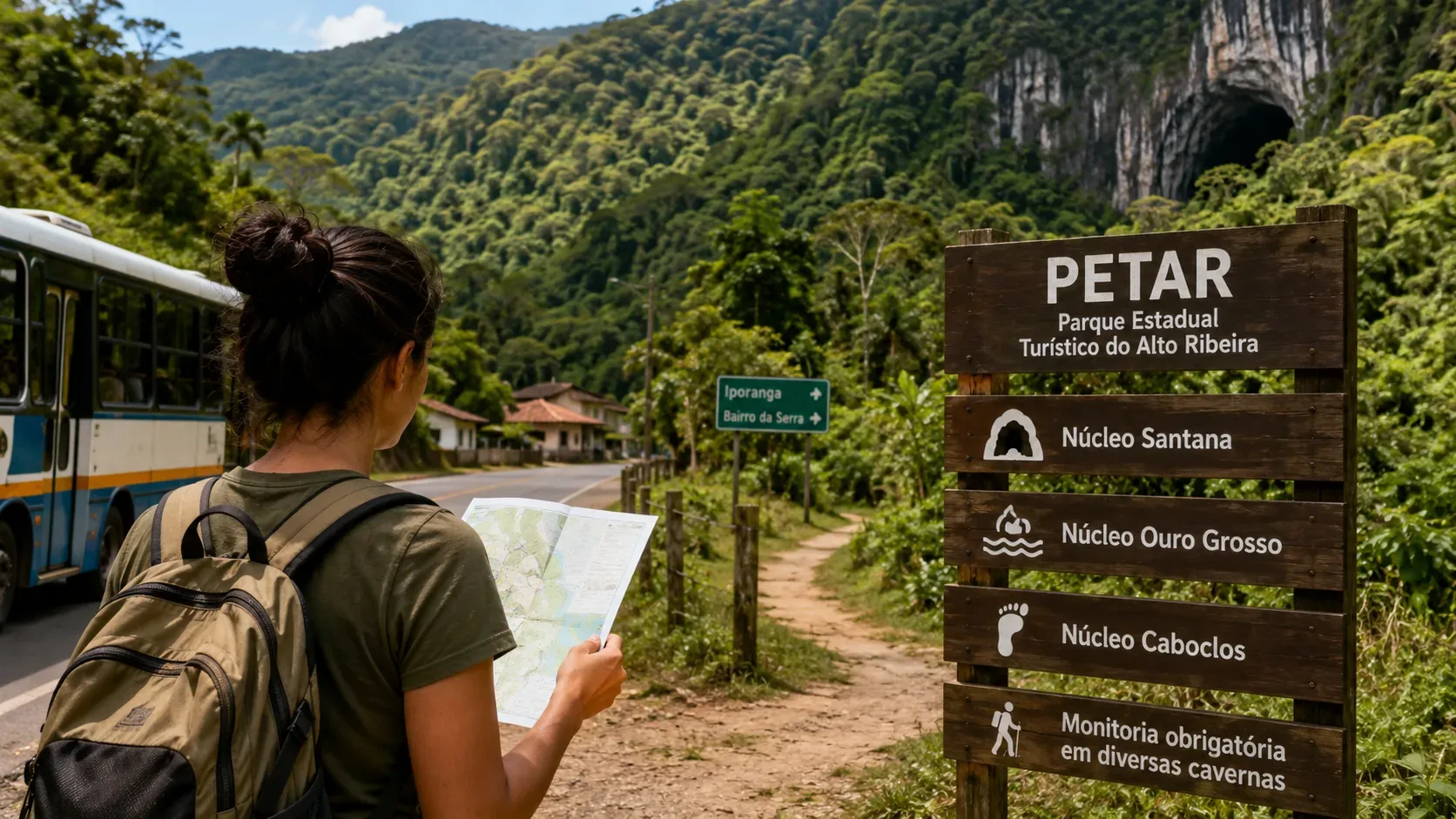 Viajante com mochila consulta um mapa ao lado de um ônibus em estrada rural do PETAR, com placas indicando Iporanga, Bairro da Serra e núcleos diante da Mata Atlântica e de uma caverna.