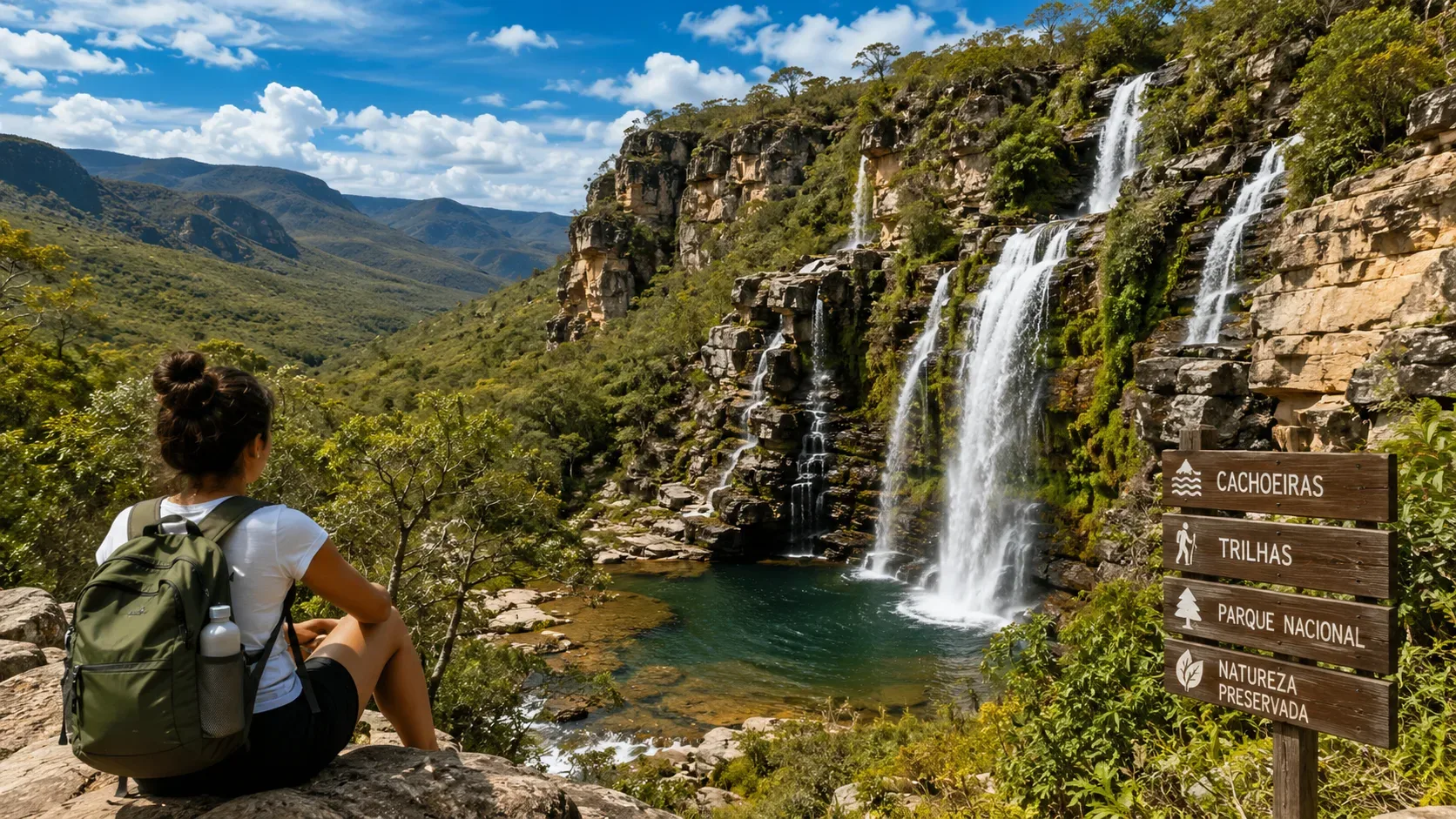 Viajante com mochila sentada diante de grandes cachoeiras e paredões verdes da Serra do Cipó, com uma placa rústica de trilhas ao lado.