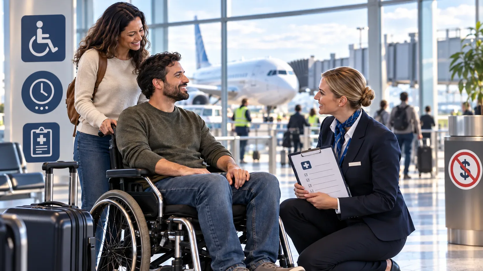 Viajante em cadeira de rodas conversa com funcionária de assistência no aeroporto, acompanhado por outra pessoa, com avião ao fundo e pictogramas de acessibilidade, prazo, documento médico e ausência de cobrança.