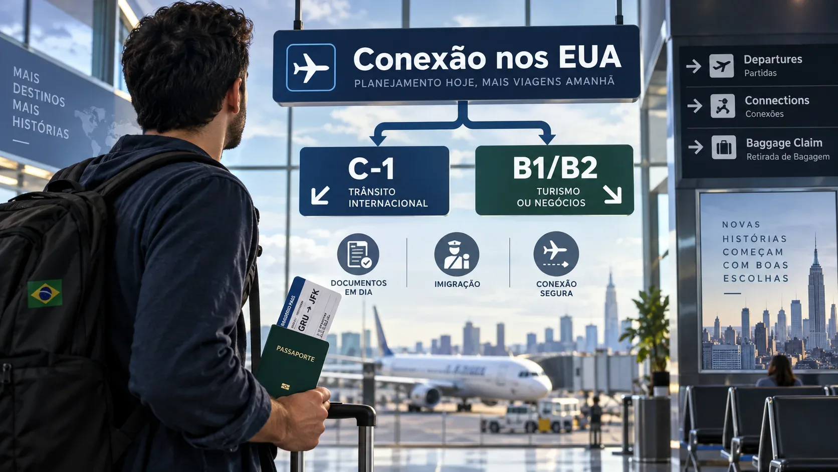Viajante em aeroporto diante de sinalização de conexão nos EUA com indicações C-1 e B1/B2, segurando passaporte e cartão de embarque.