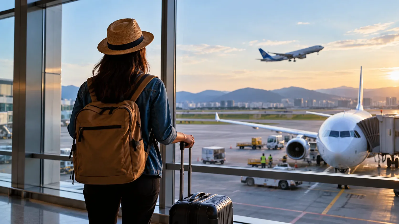 Passageira com mochila e mala de rodinhas observa aviões pela janela de um terminal de aeroporto ao pôr do sol.