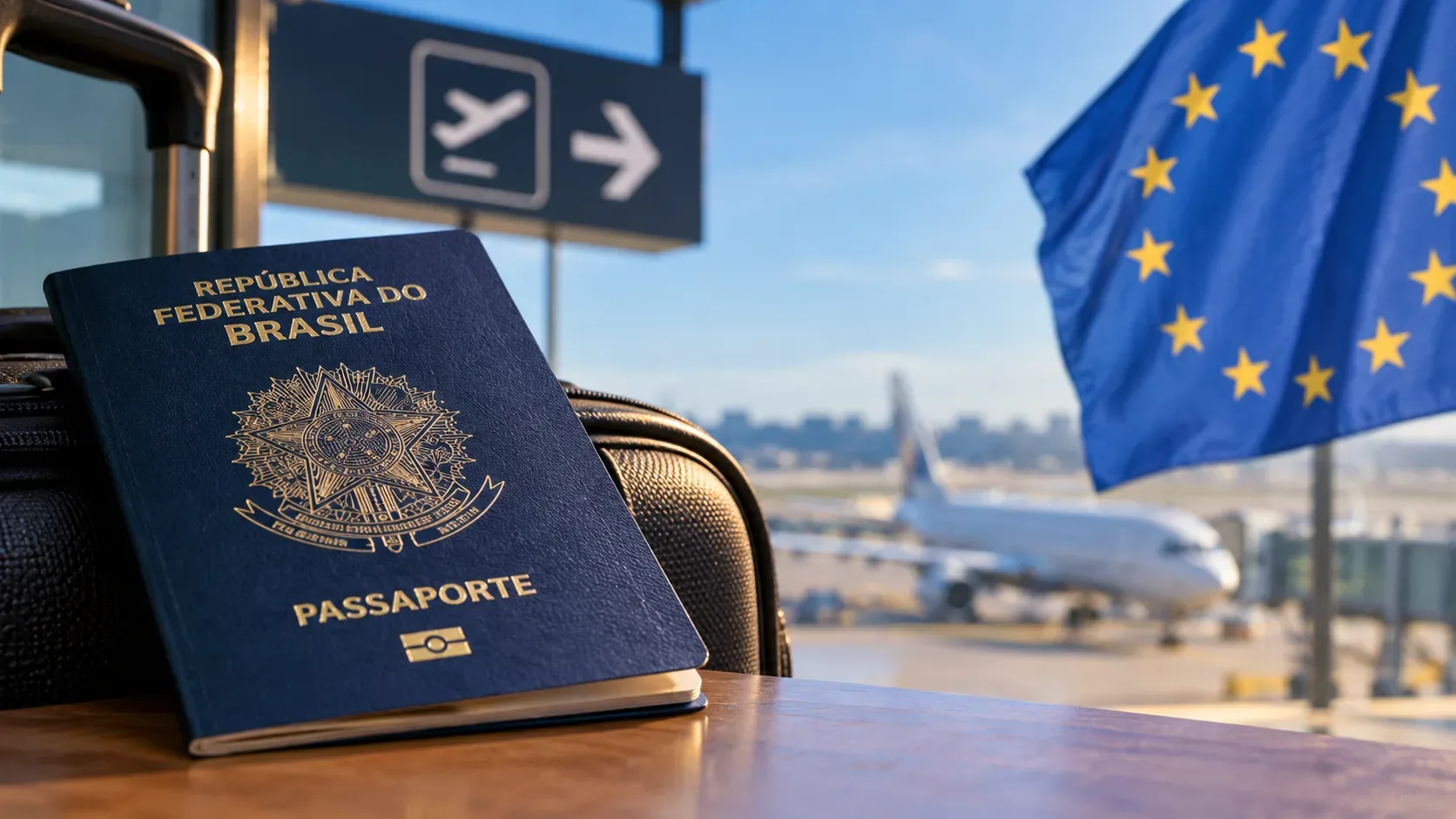 Passaporte brasileiro sobre uma mala em aeroporto, com avião ao fundo e bandeira da União Europeia à direita.
