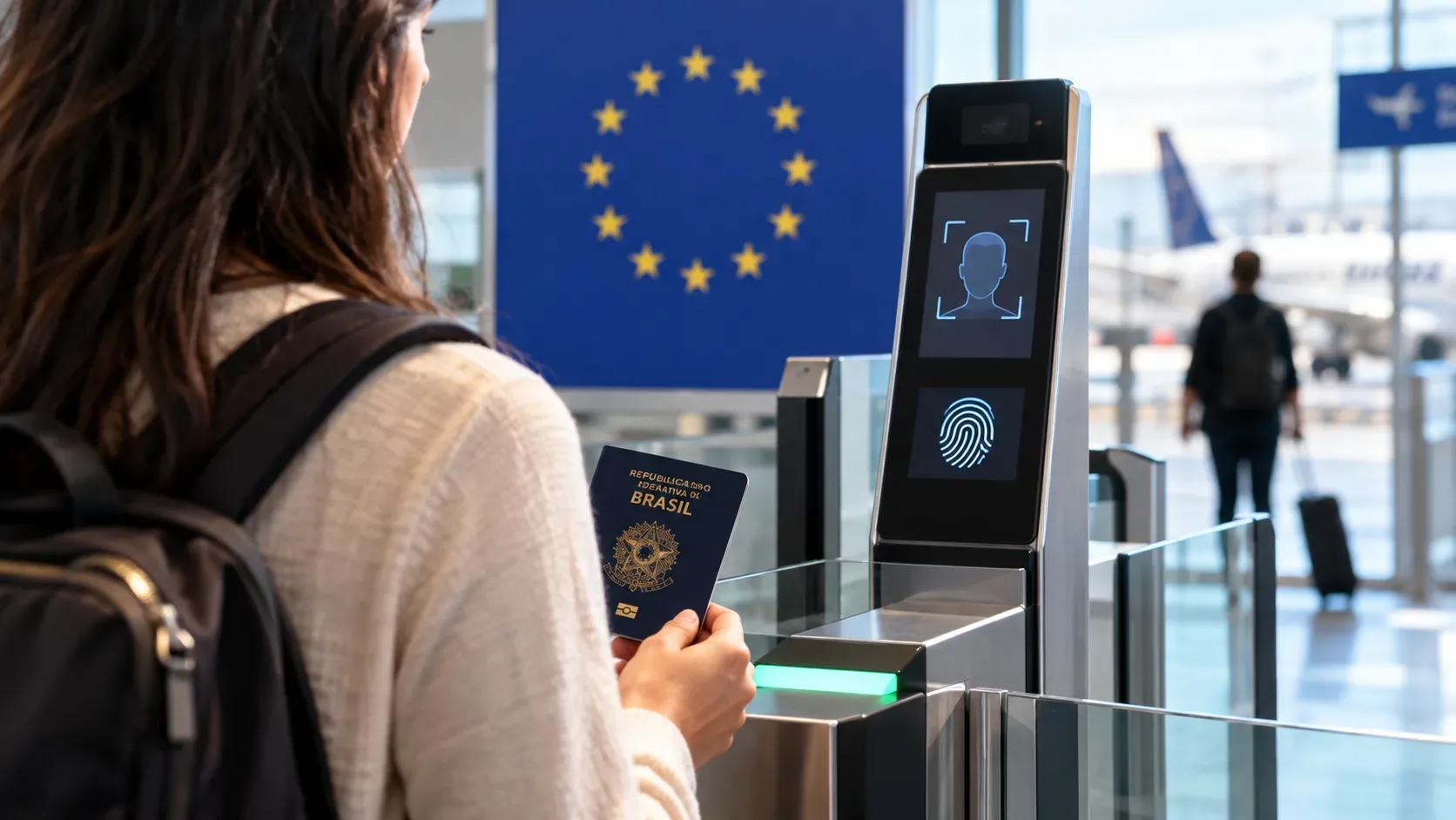 Viajante com passaporte brasileiro diante de um portão biométrico em aeroporto, com símbolos de reconhecimento facial e impressão digital e estrelas da União Europeia ao fundo.