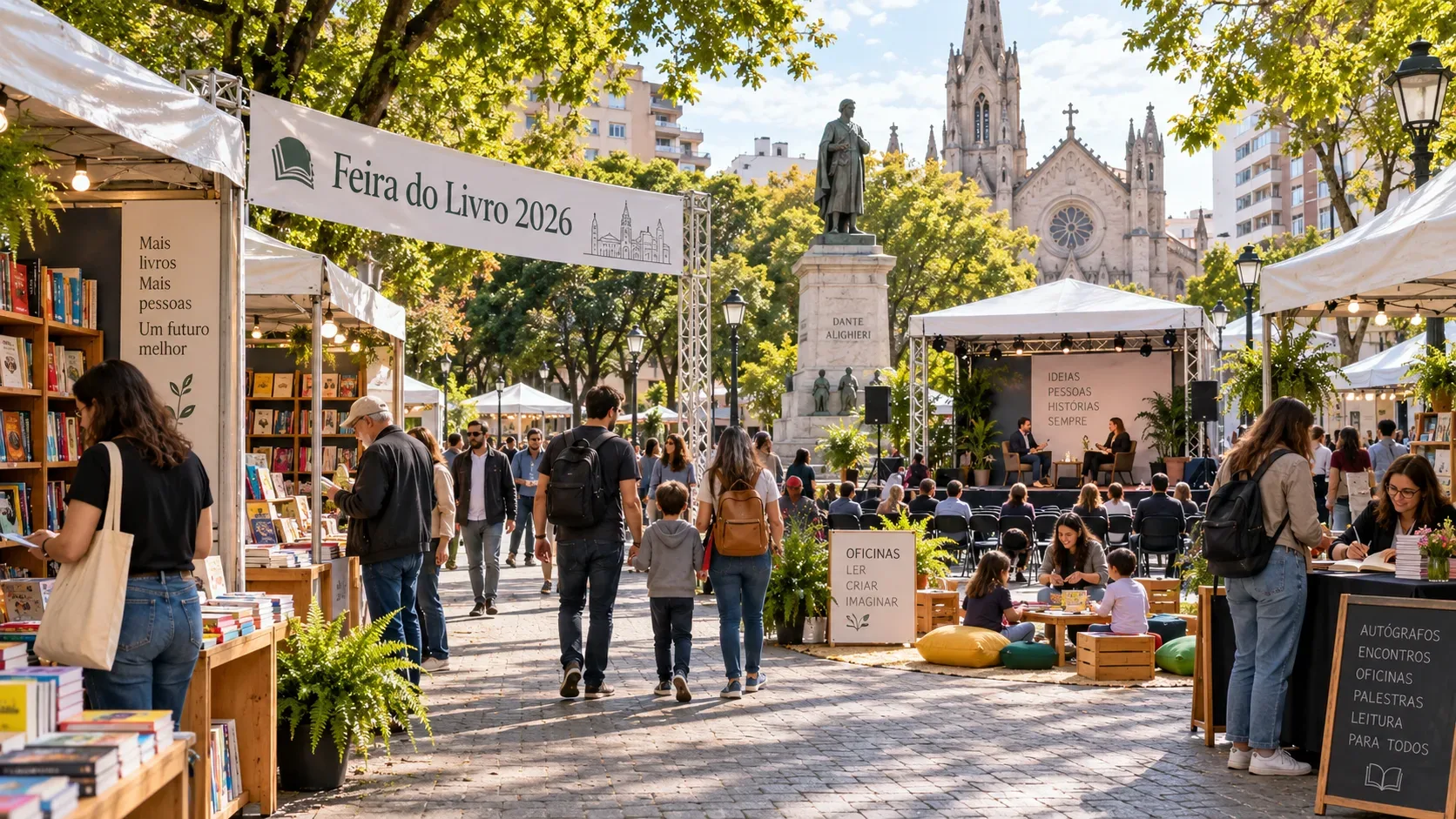 Feira do livro ao ar livre em praça arborizada, com bancas de livros, público circulando, palco de conversa, área infantil de oficina e mesa de autógrafos.