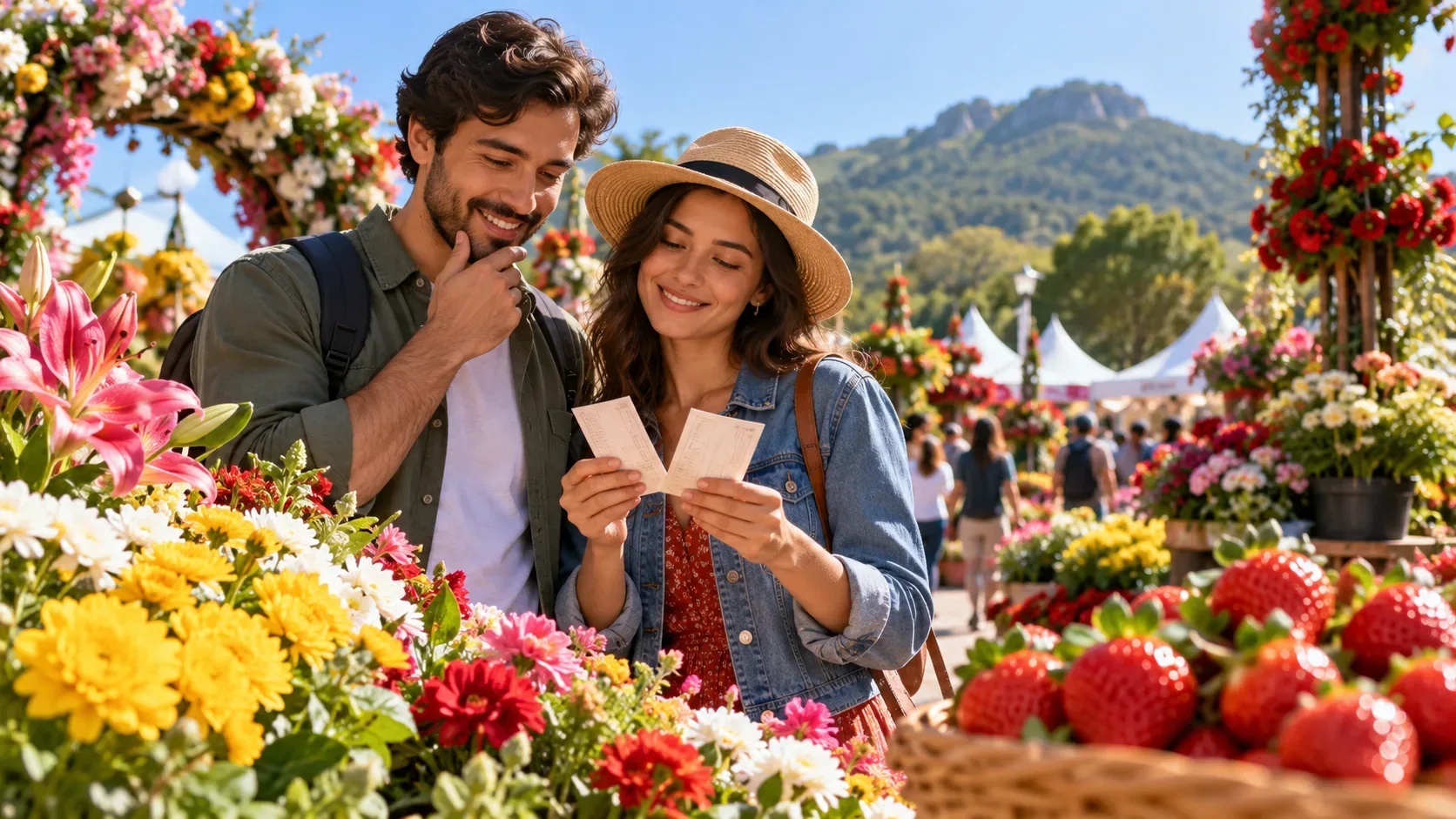 Casal compara ingressos em meio a flores coloridas e morangos, com barracas e montanhas ao fundo.