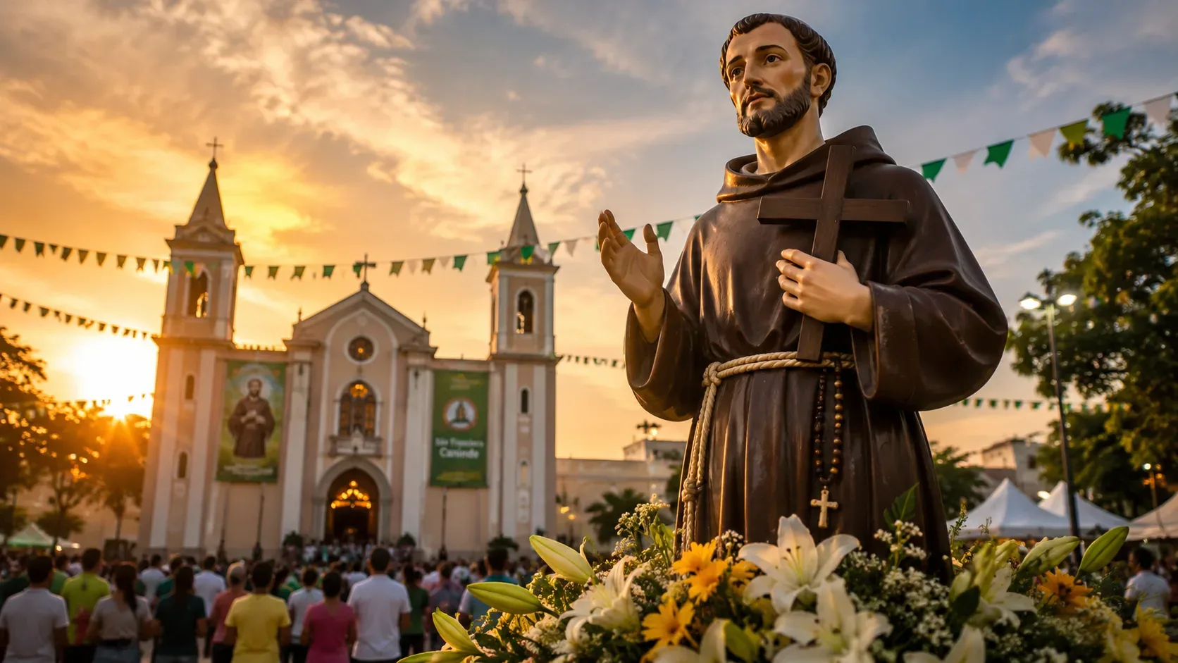 Estátua de São Francisco em primeiro plano diante de uma igreja de duas torres, com romeiros reunidos na praça ao entardecer e bandeirolas sobre a cena.