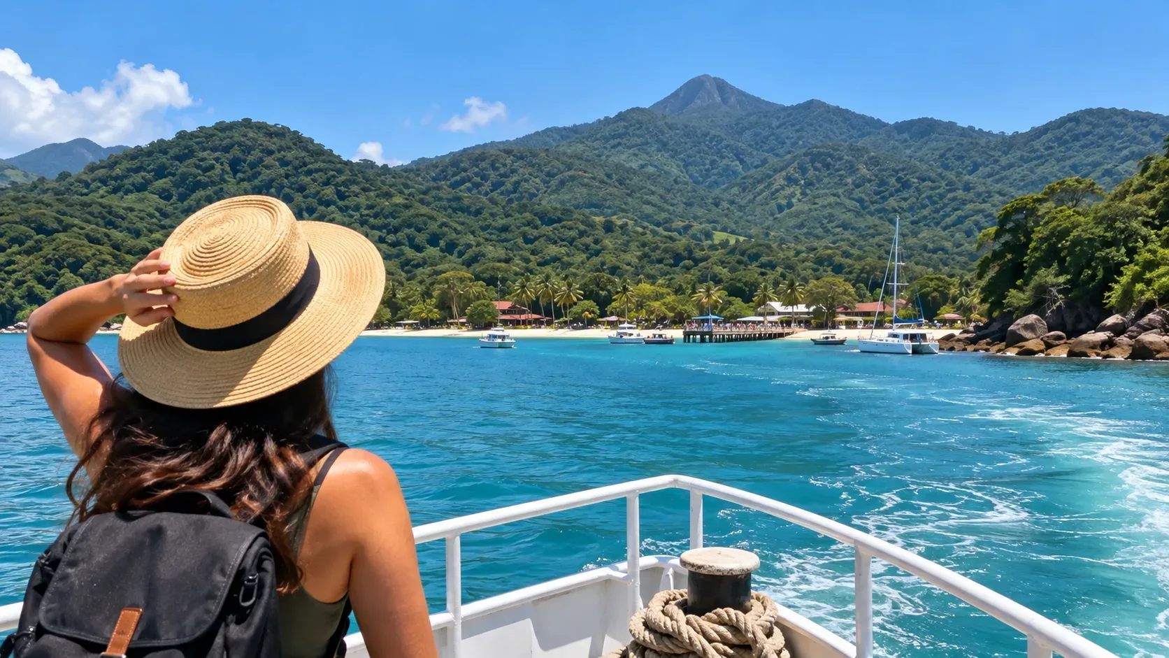 Viajante de mochila em uma embarcação se aproximando de uma vila costeira cercada por montanhas verdes em Ilha Grande.
