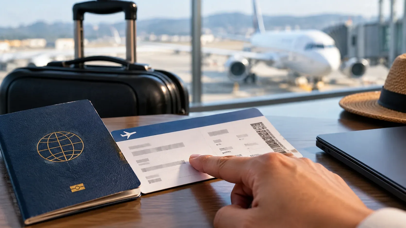 Passaporte e cartão de embarque sobre uma mesa no aeroporto, com uma mão apontando para os dados do bilhete, mala e avião ao fundo.