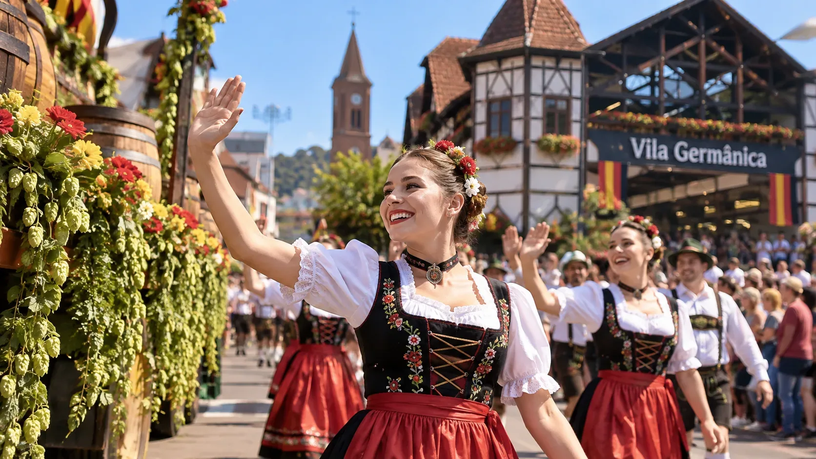 Mulheres em trajes germânicos acenam em um desfile festivo diante de arquitetura enxaimel na Vila Germânica em dia ensolarado.