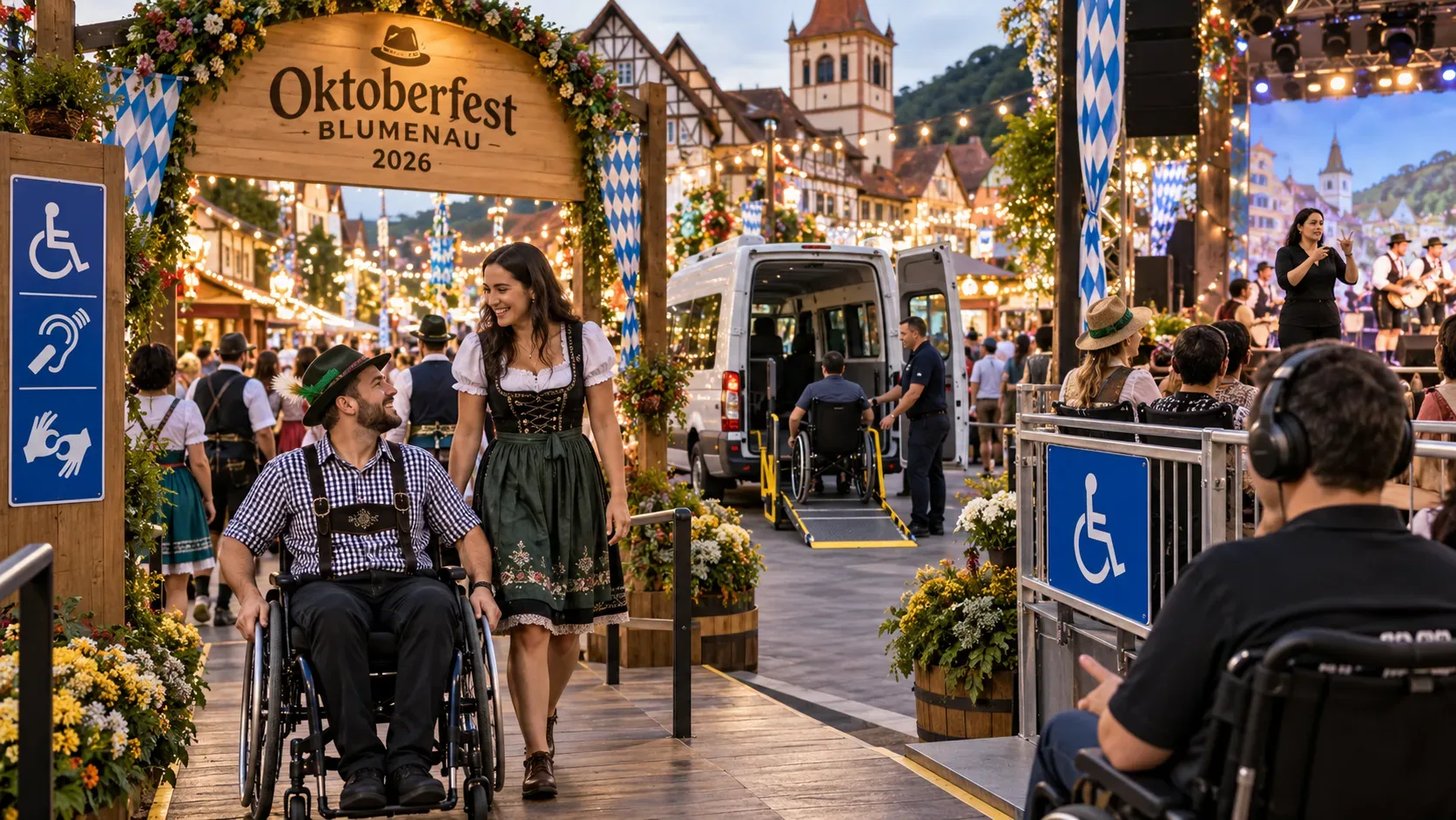Pessoa em cadeira de rodas chegando a uma Oktoberfest festiva, com van adaptada com rampa, área reservada, intérprete de Libras e visitante usando fones.