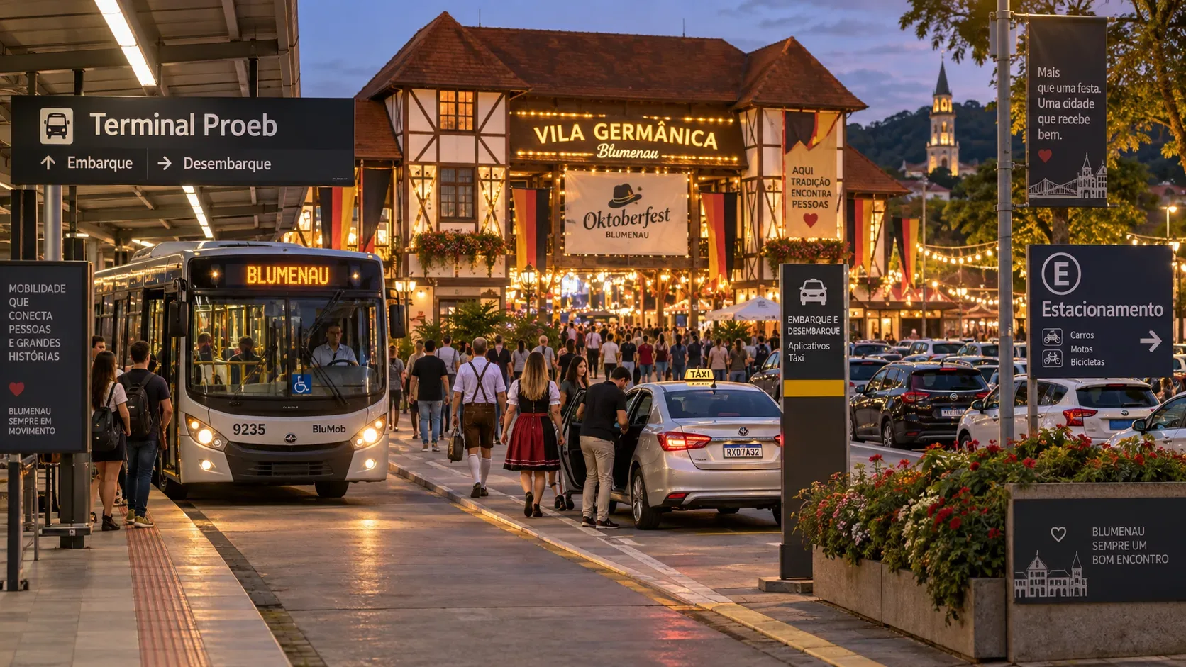 Entrada da Vila Germânica ao entardecer, com ônibus urbano, táxi, área de estacionamento e visitantes chegando para a Oktoberfest.