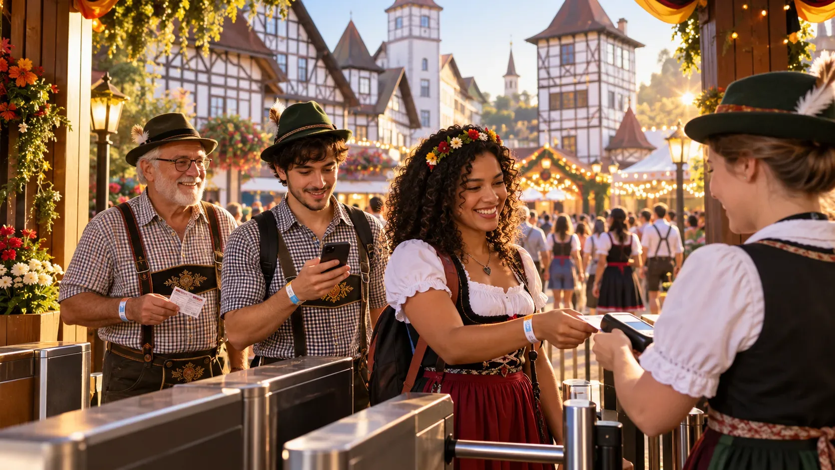 Visitantes em trajes de inspiração germânica passam por catracas na entrada de uma festa, enquanto uma atendente confere um ingresso e outro visitante consulta o celular.