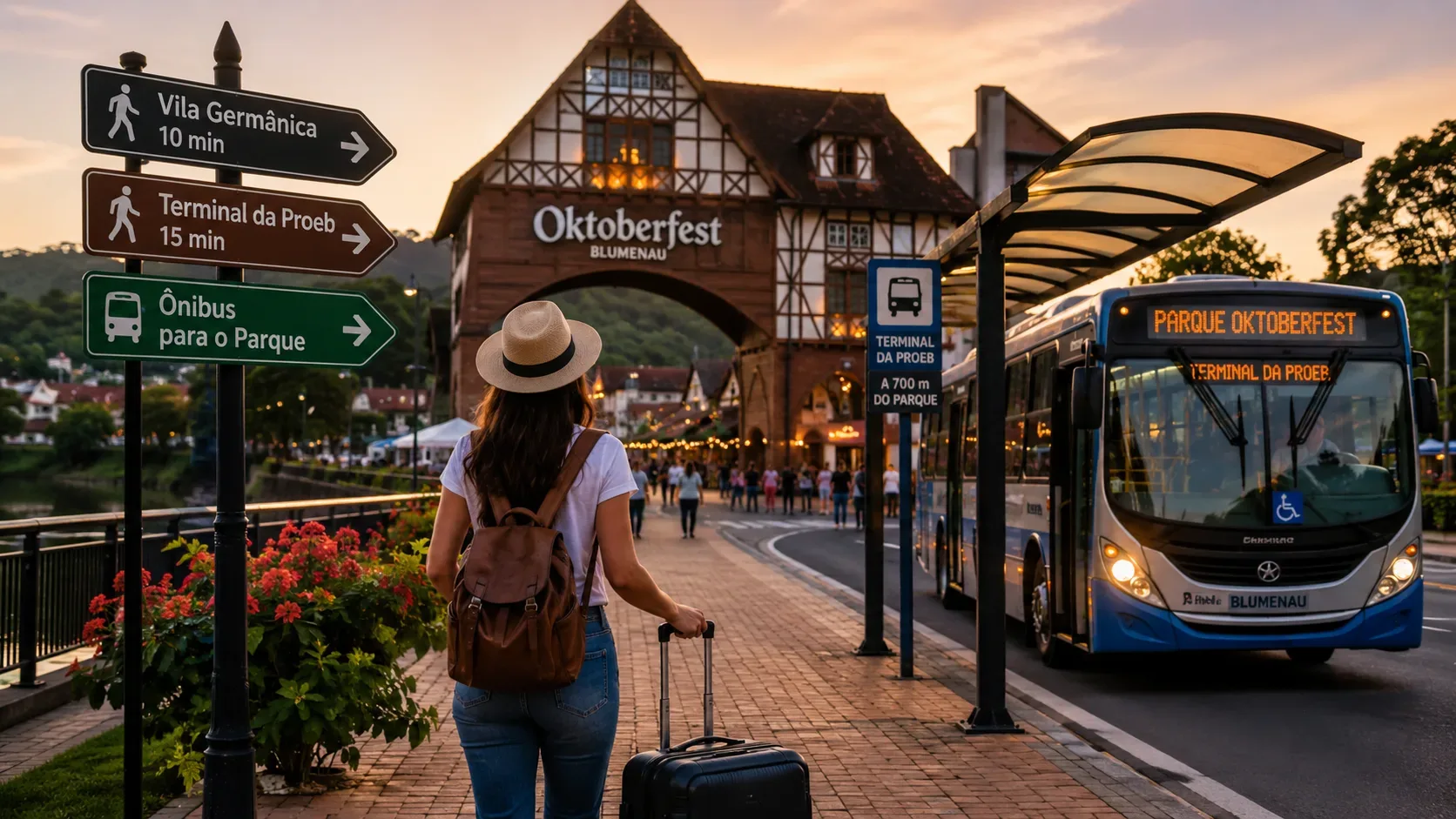 Viajante com mala caminhando ao lado de um ônibus, com arquitetura enxaimel festiva ao fundo em Blumenau ao entardecer.
