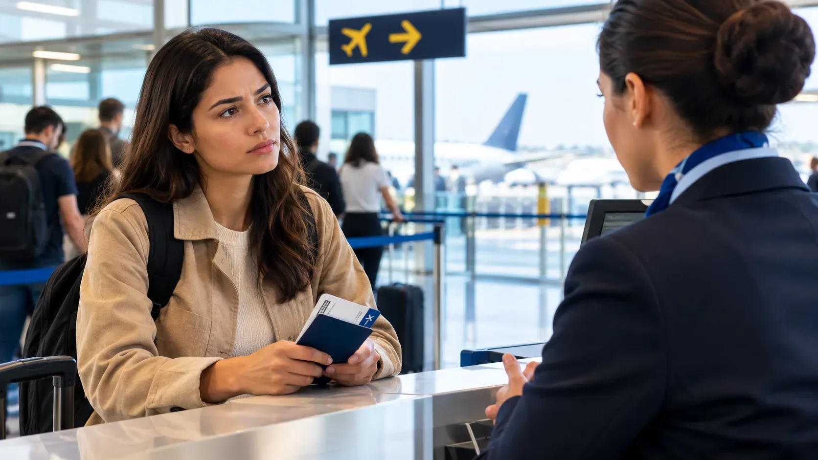 Passageira com mala e documentos de viagem conversa com atendente de companhia aérea em um balcão de aeroporto, com avião visível ao fundo.