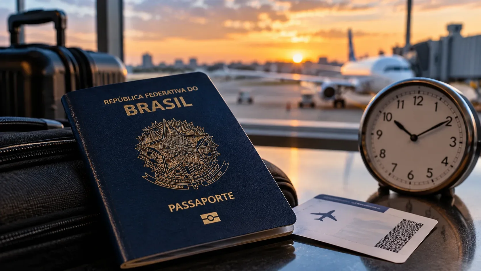 Passaporte brasileiro sobre uma bolsa de viagem ao lado de relógio analógico e cartão de embarque, com avião no aeroporto ao pôr do sol.