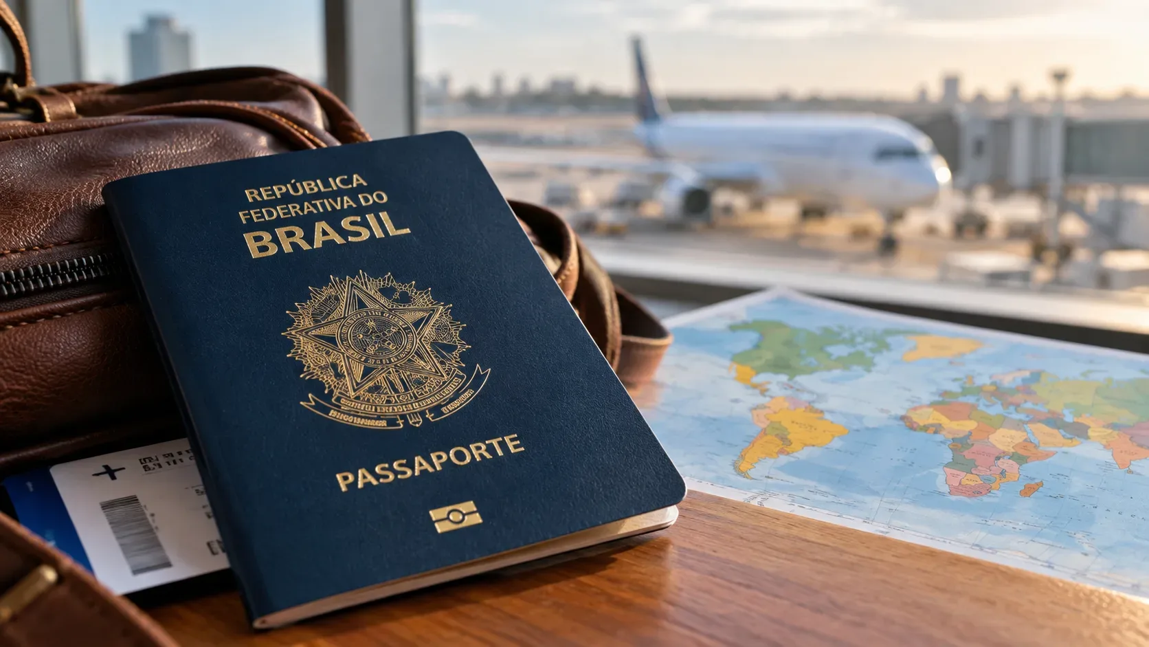 Passaporte brasileiro sobre mala de couro, ao lado de mapa-múndi e cartão de embarque, com avião desfocado ao fundo em um terminal de aeroporto.
