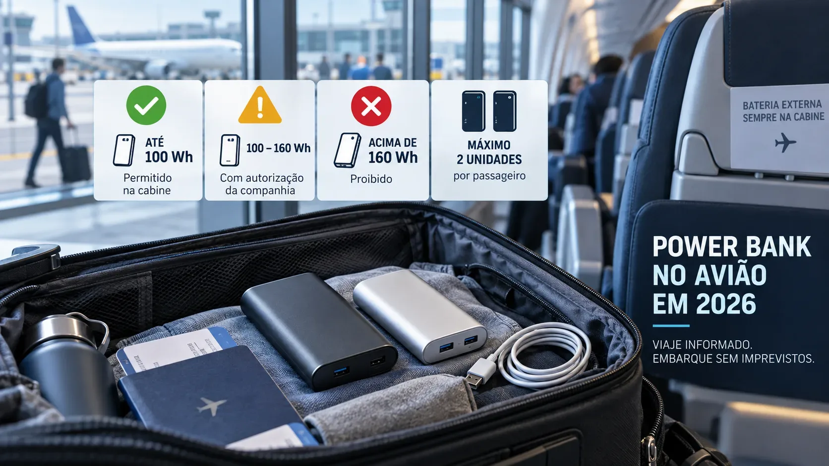 Mala de mão aberta com dois power banks em um aeroporto, com painéis visuais indicando faixas de Wh e regras de transporte na cabine.