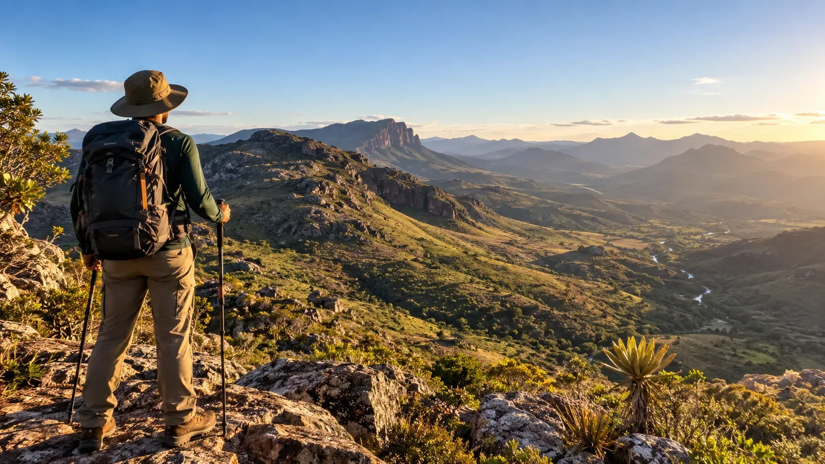 Caminhante com mochila e bastões observa uma extensa cadeia de montanhas iluminada pelo sol baixo a partir de um mirante rochoso.