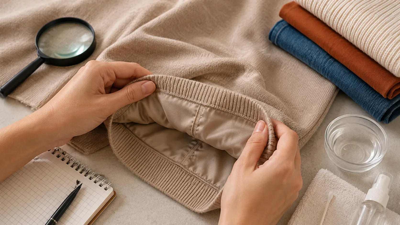 Pessoa examinando o forro, as costuras e a elasticidade de uma roupa sem etiqueta antes de decidir como limpá-la.