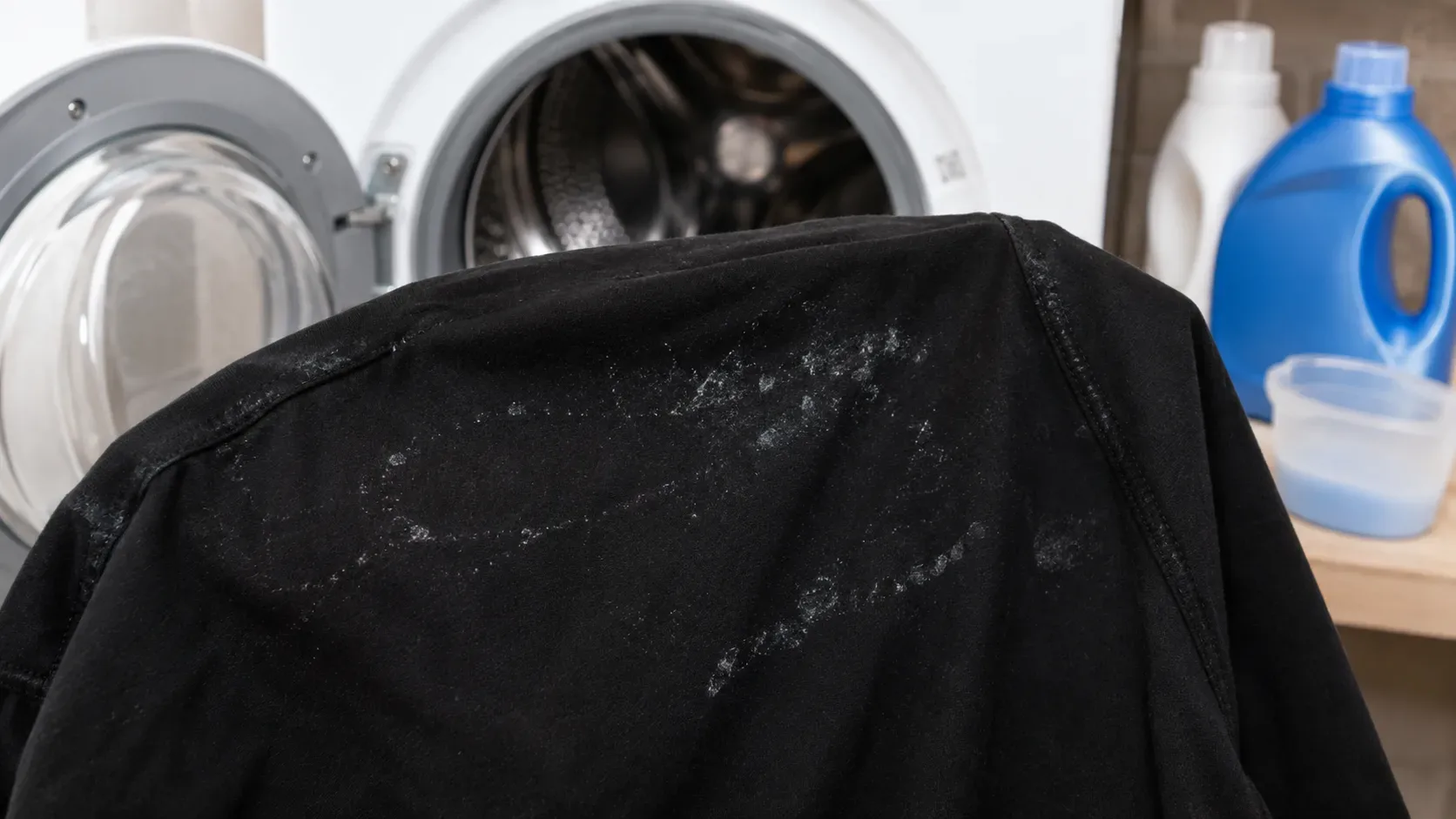 Roupa preta com marcas brancas em primeiro plano diante de uma máquina de lavar aberta e frascos de produtos de lavanderia.