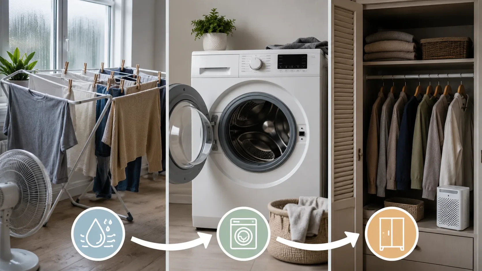 Diagrama horizontal com roupas espaçadas no varal, uma lavadora e um armário ventilado, representando três possíveis origens do cheiro de mofo.