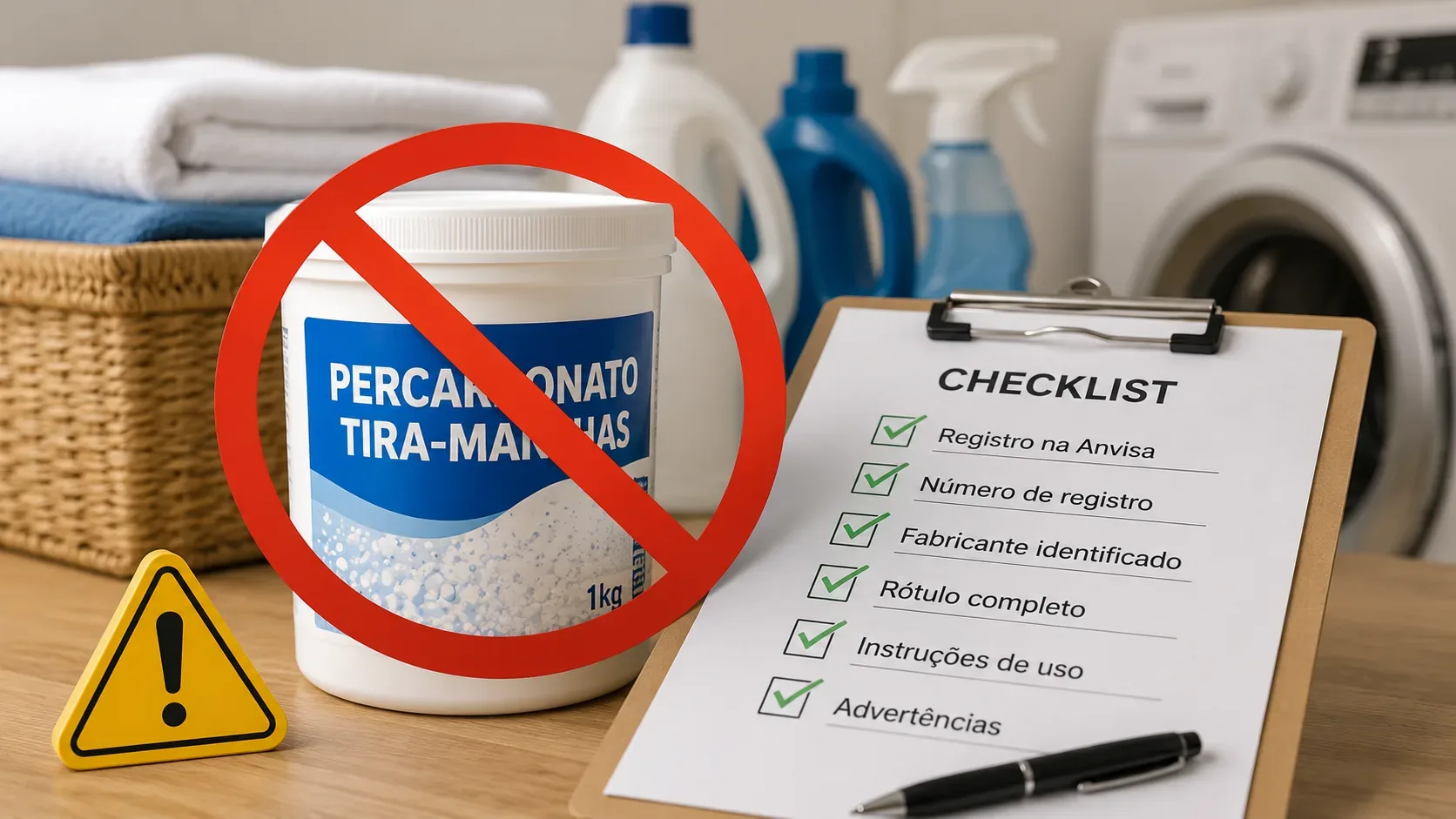 Pote de percarbonato para tirar manchas marcado com símbolo vermelho de proibição ao lado de um checklist de verificação em uma lavanderia