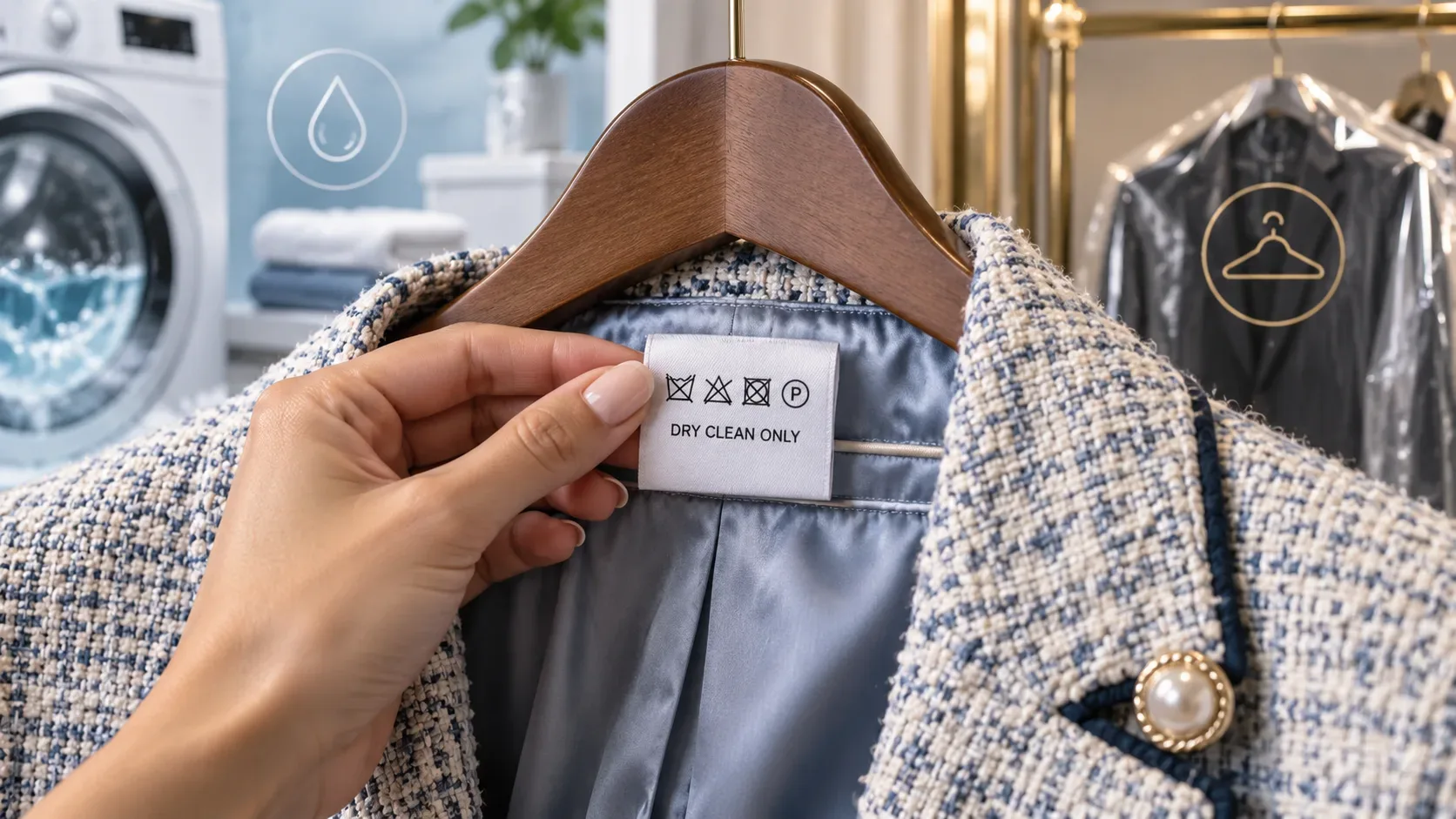 Mão segura etiqueta “DRY CLEAN ONLY” em casaco estruturado, com máquina de lavar ao fundo e roupa protegida para lavagem a seco.