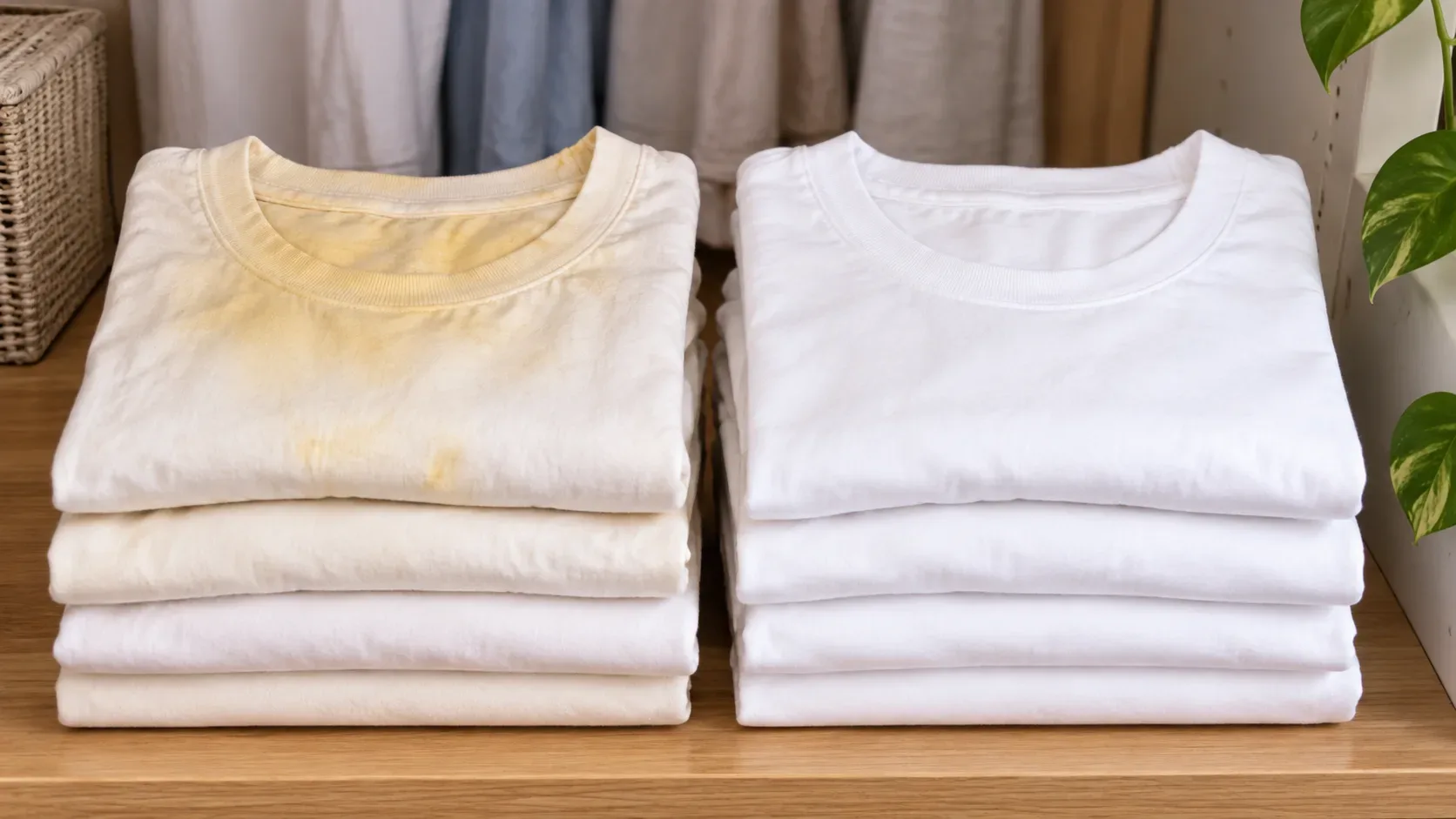 Duas pilhas de camisetas brancas dobradas em uma prateleira, com a pilha da esquerda amarelada e a da direita branca e limpa.