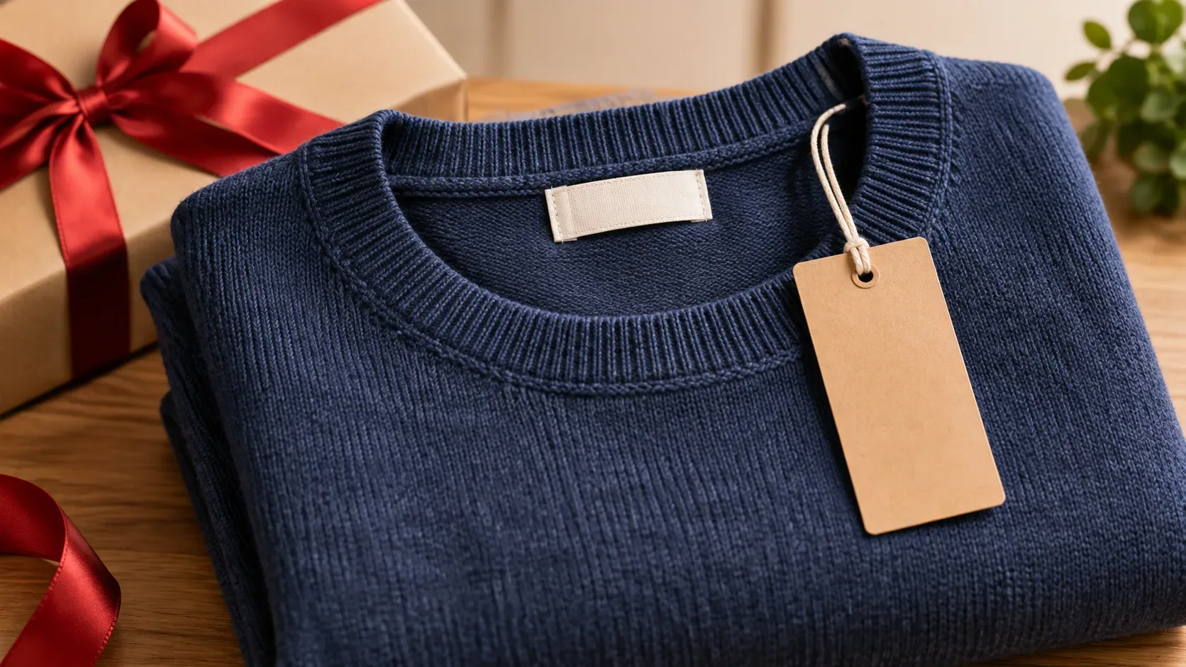 Camisa masculina dobrada ao lado de uma tag de papel removível e de uma etiqueta interna permanente, em composição neutra.