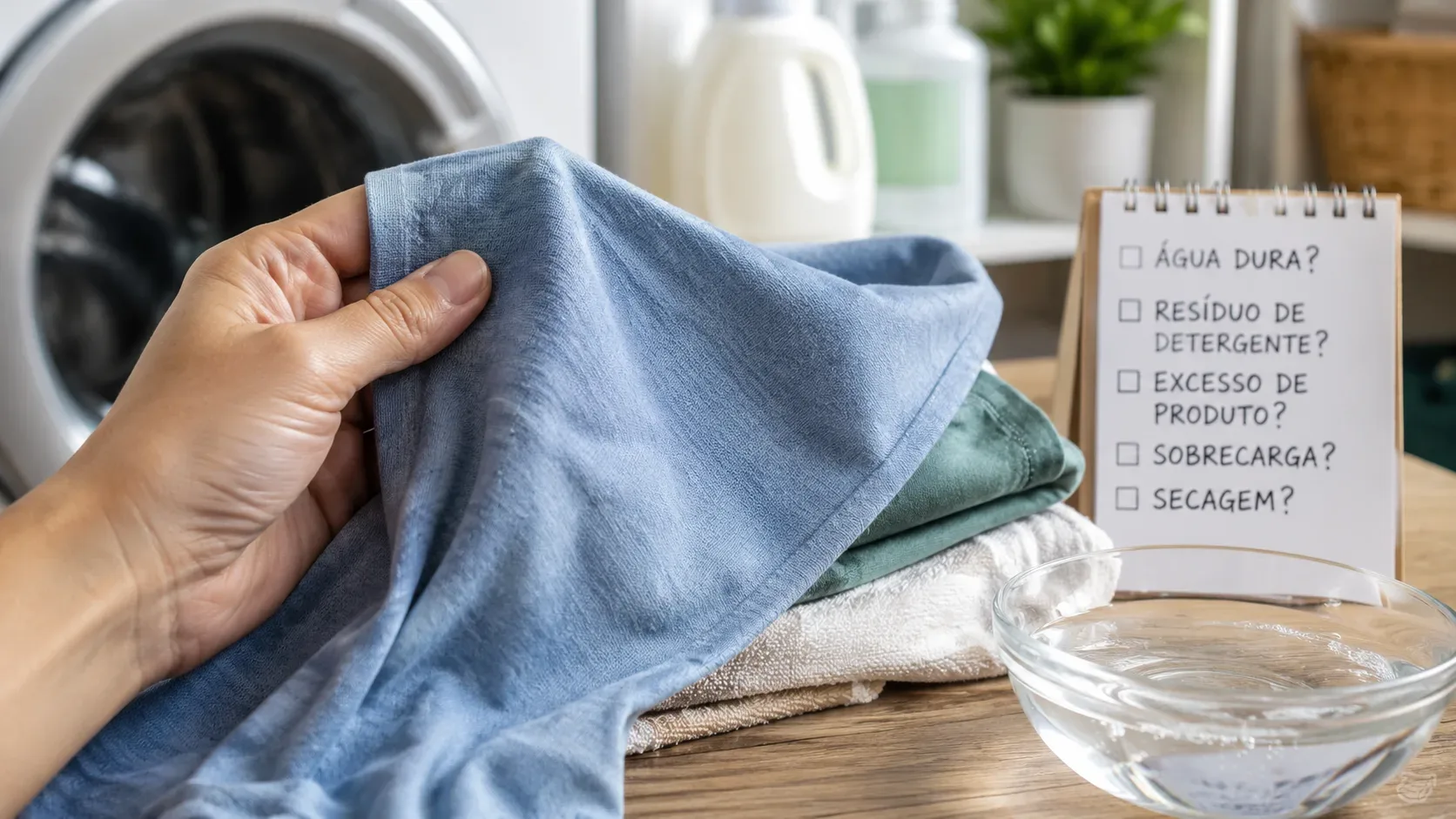 Mão segura um tecido azul diante de roupas dobradas, máquina de lavar, produtos de lavanderia e uma lista de possíveis causas de aspereza ao lado de uma tigela com água.