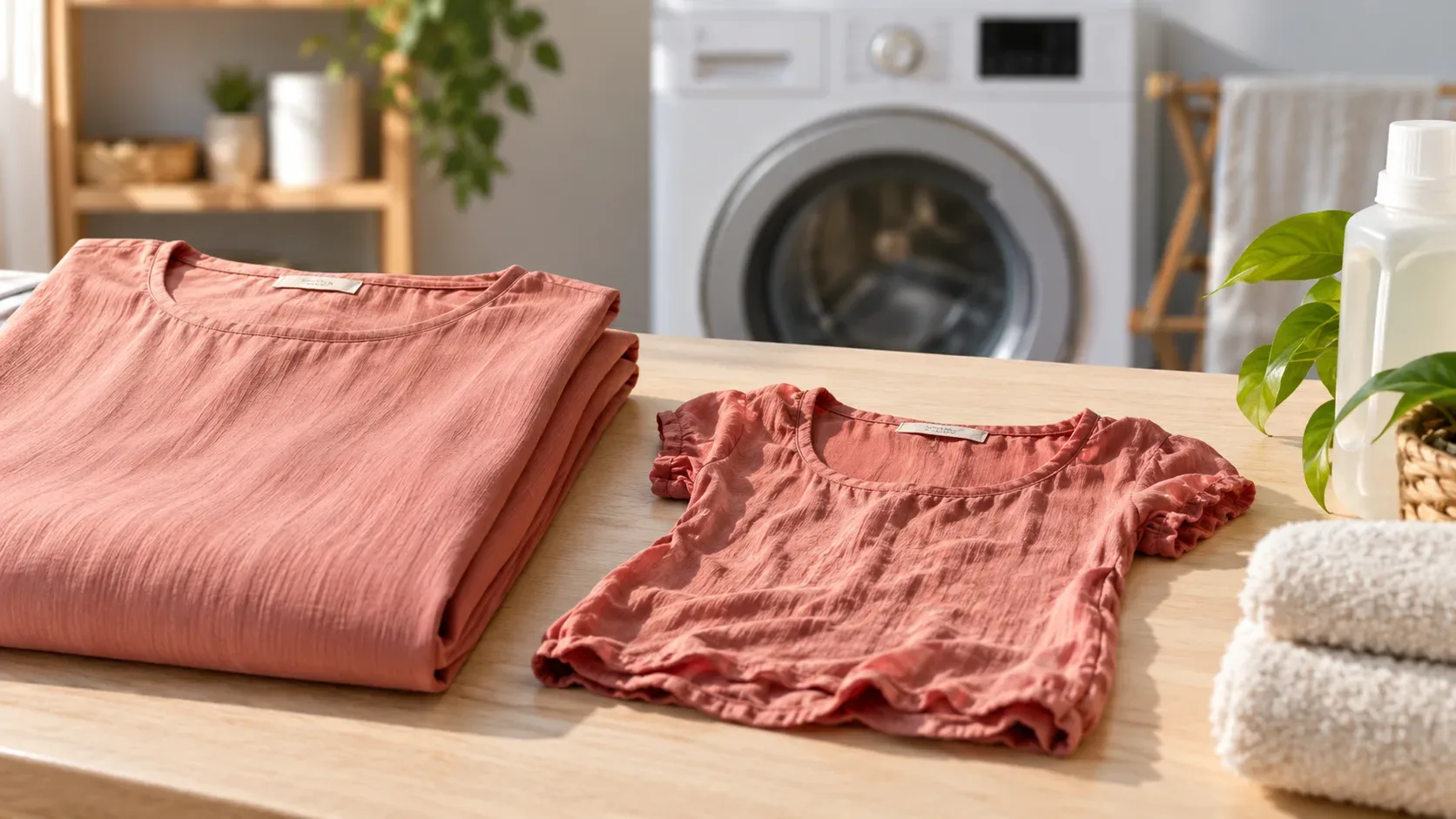 Duas blusas cor de coral, uma maior dobrada e outra menor e amassada, sobre bancada de lavanderia com máquina de lavar ao fundo