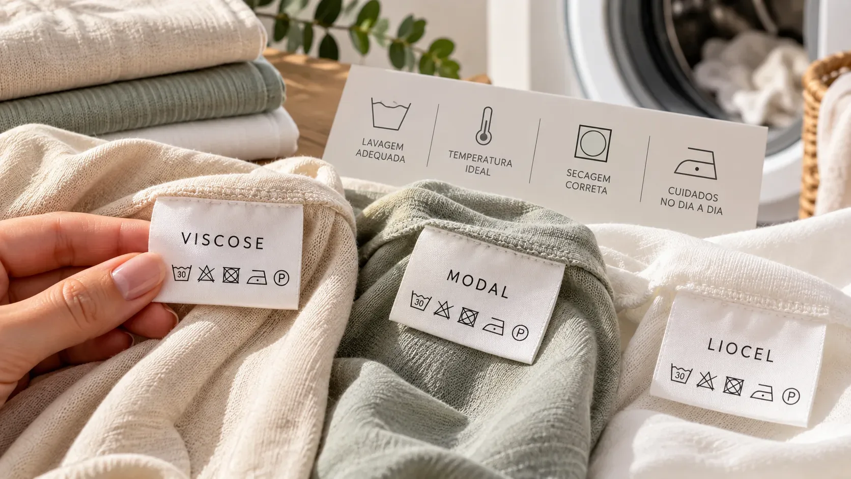 Três peças de tecido em tons neutros com etiquetas de viscose, modal e liocel, símbolos de lavagem e máquina ao fundo.