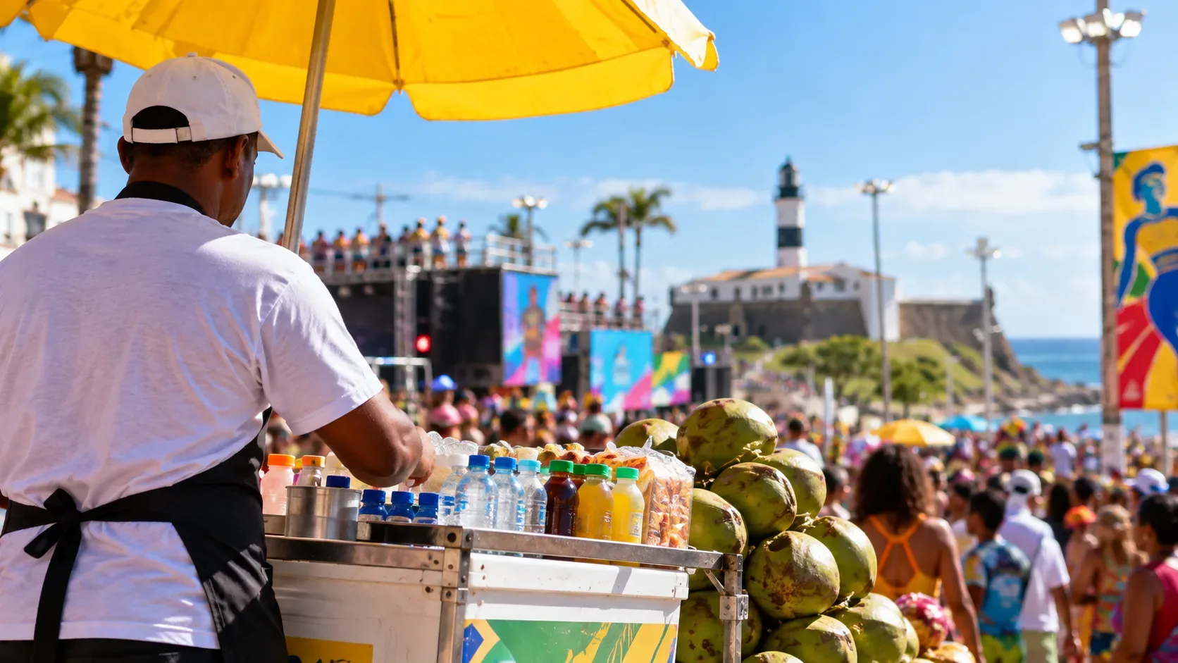 Vendedor ambulante atende em uma festa popular de Salvador, com bebidas e cocos em primeiro plano e o Farol da Barra ao fundo