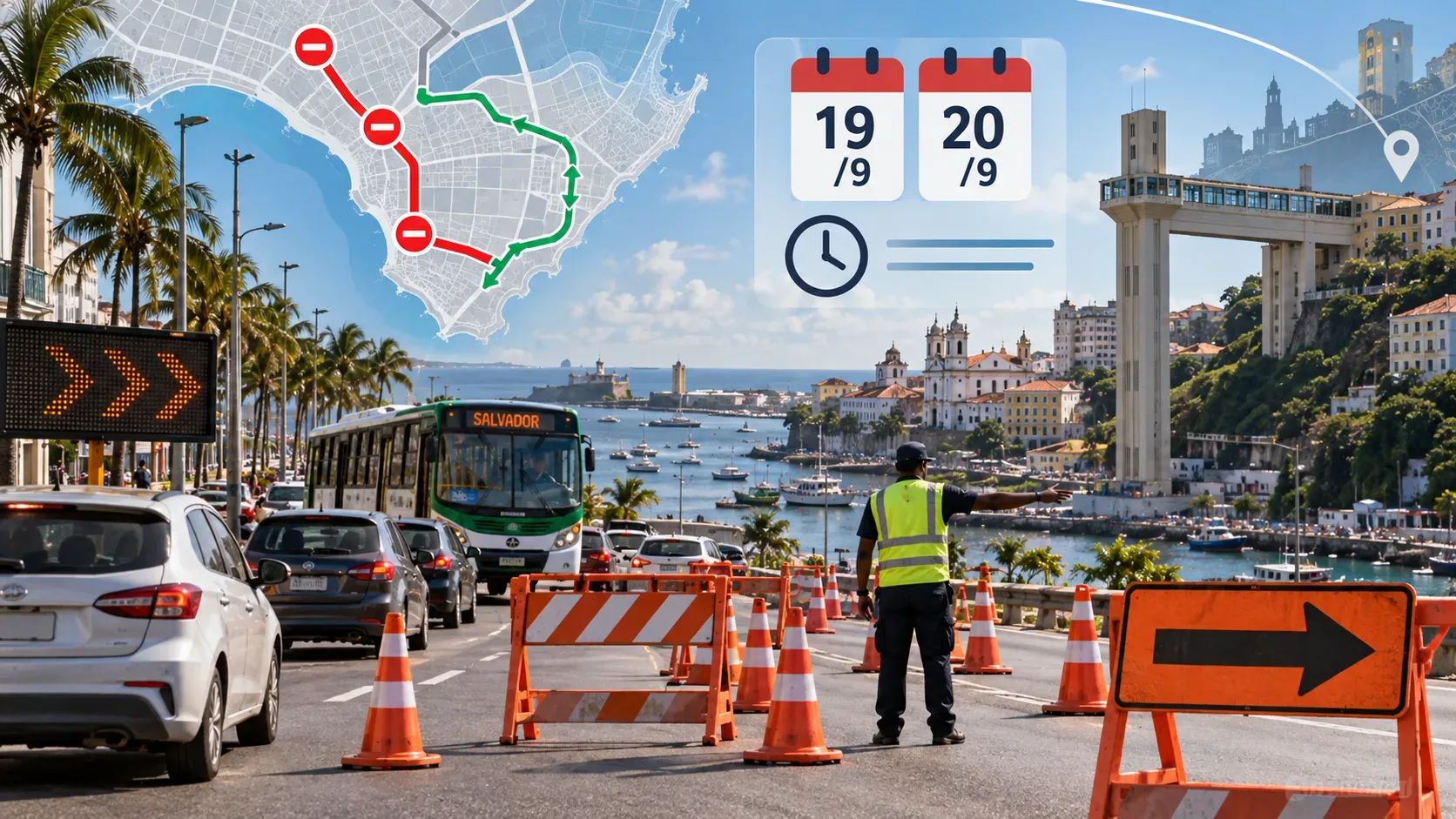 Interdição viária em Salvador com cones, agente de trânsito, veículos, mapa de rotas e marcadores de 19 e 20 de setembro.