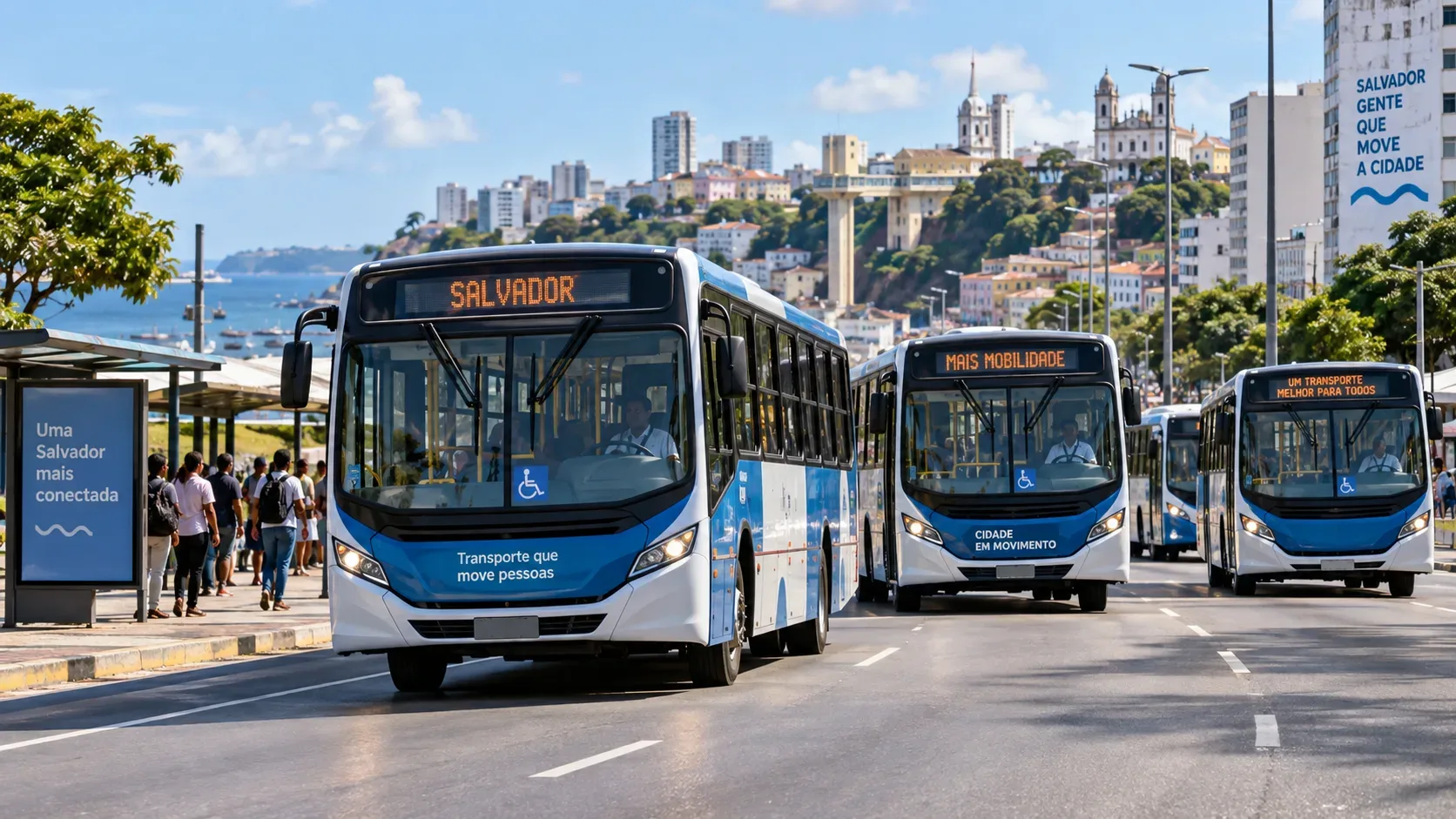 Ônibus urbanos novos circulam em avenida de Salvador, com vários veículos azuis e brancos e a paisagem da cidade ao fundo.
