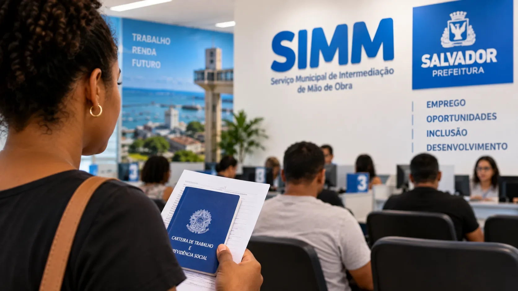 Candidata segura carteira de trabalho e documentos enquanto aguarda atendimento em ambiente do SIMM em Salvador.