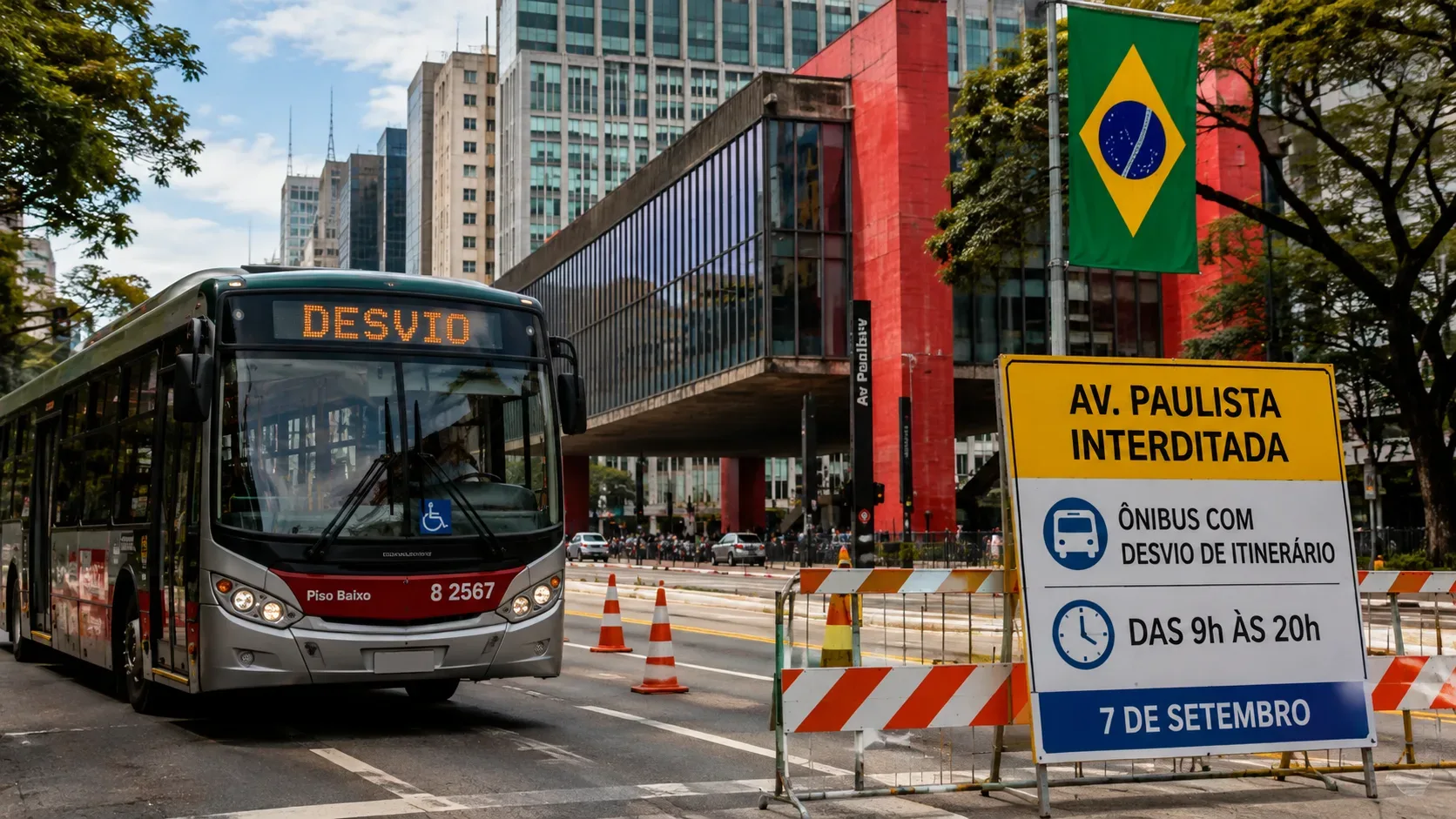 Ônibus urbano ao lado de bloqueios na Avenida Paulista, com sinalização de desvio e bandeira do Brasil ao fundo.