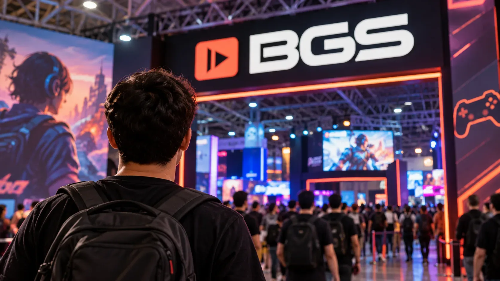 Visitante de mochila diante de uma entrada iluminada da BGS, com pavilhão de games e público ao fundo.